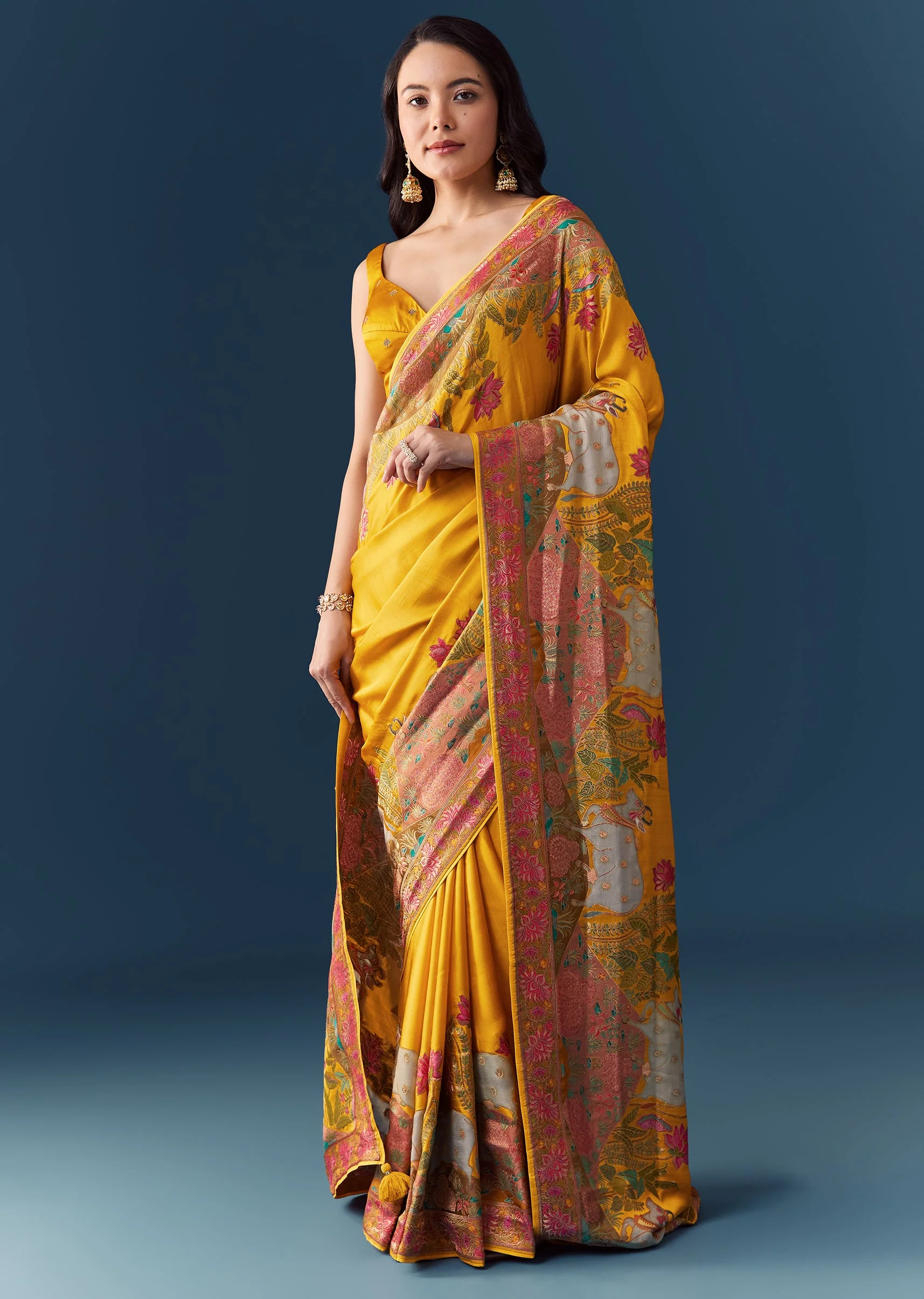 Royal Wedding Couple Set – Mustard Banarasi Silk Saree For Her And Yellow Kurta Set For Him - Image 3