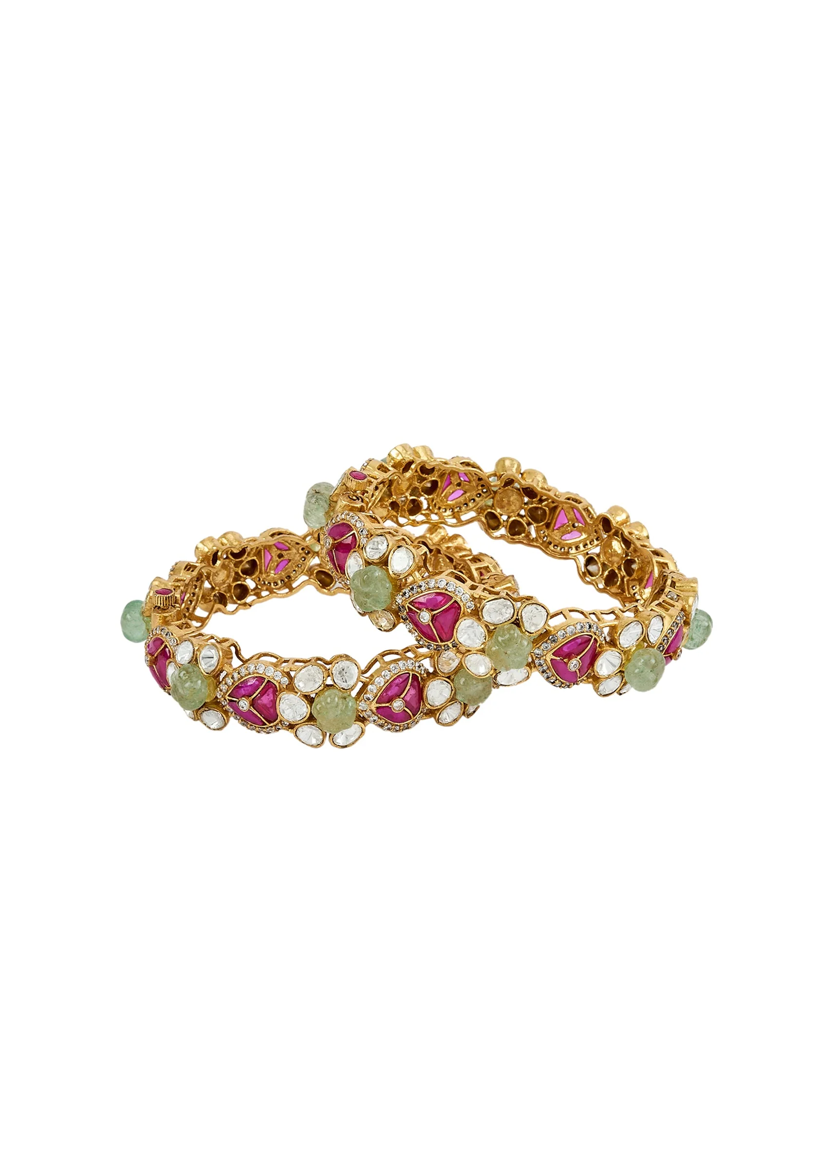 Ruby And Green Gold Plated Kundan Polki Bangles - Image 2
