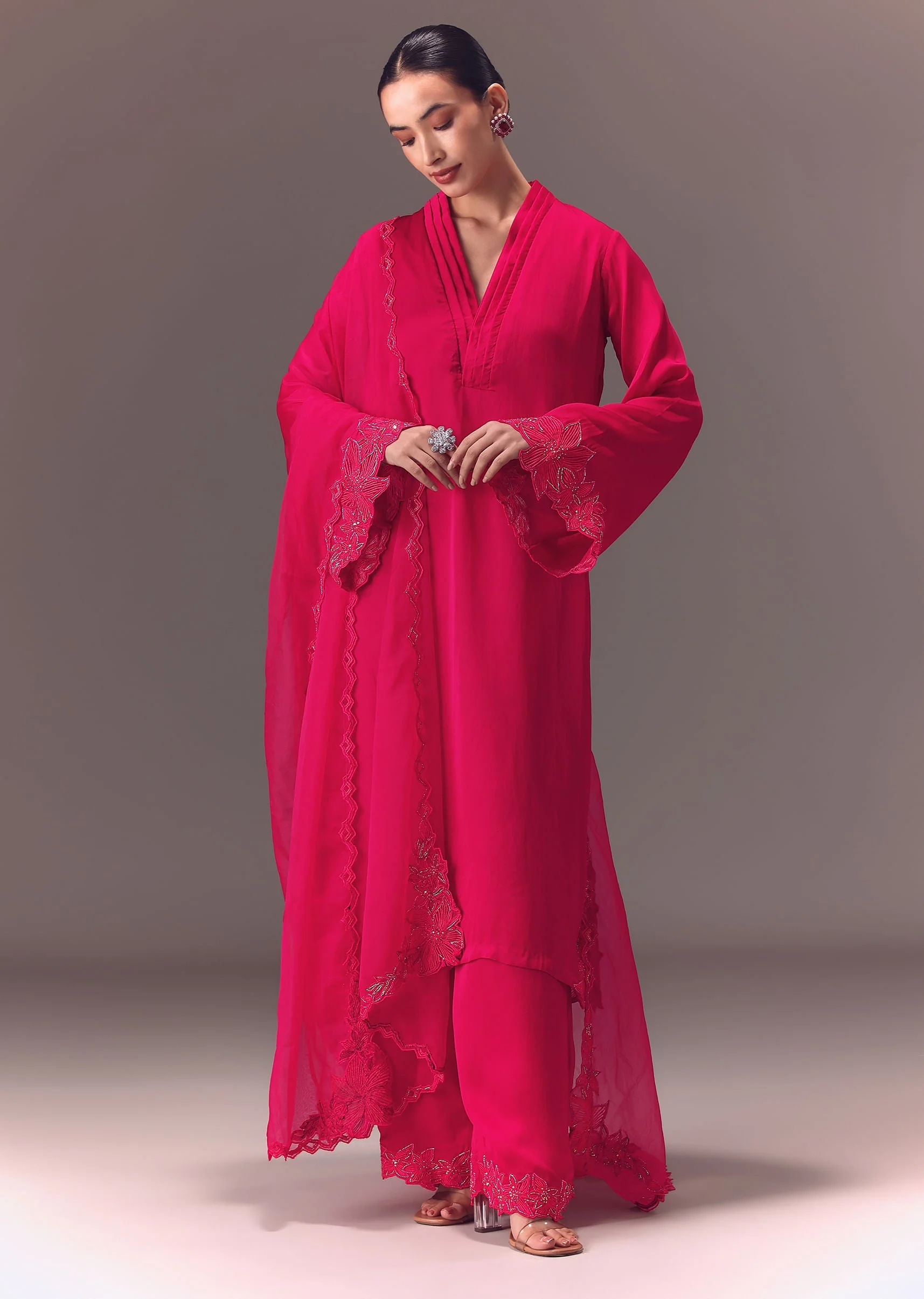 Ruby Pink Organza Kurta Set With Bell Sleeves - Image 2