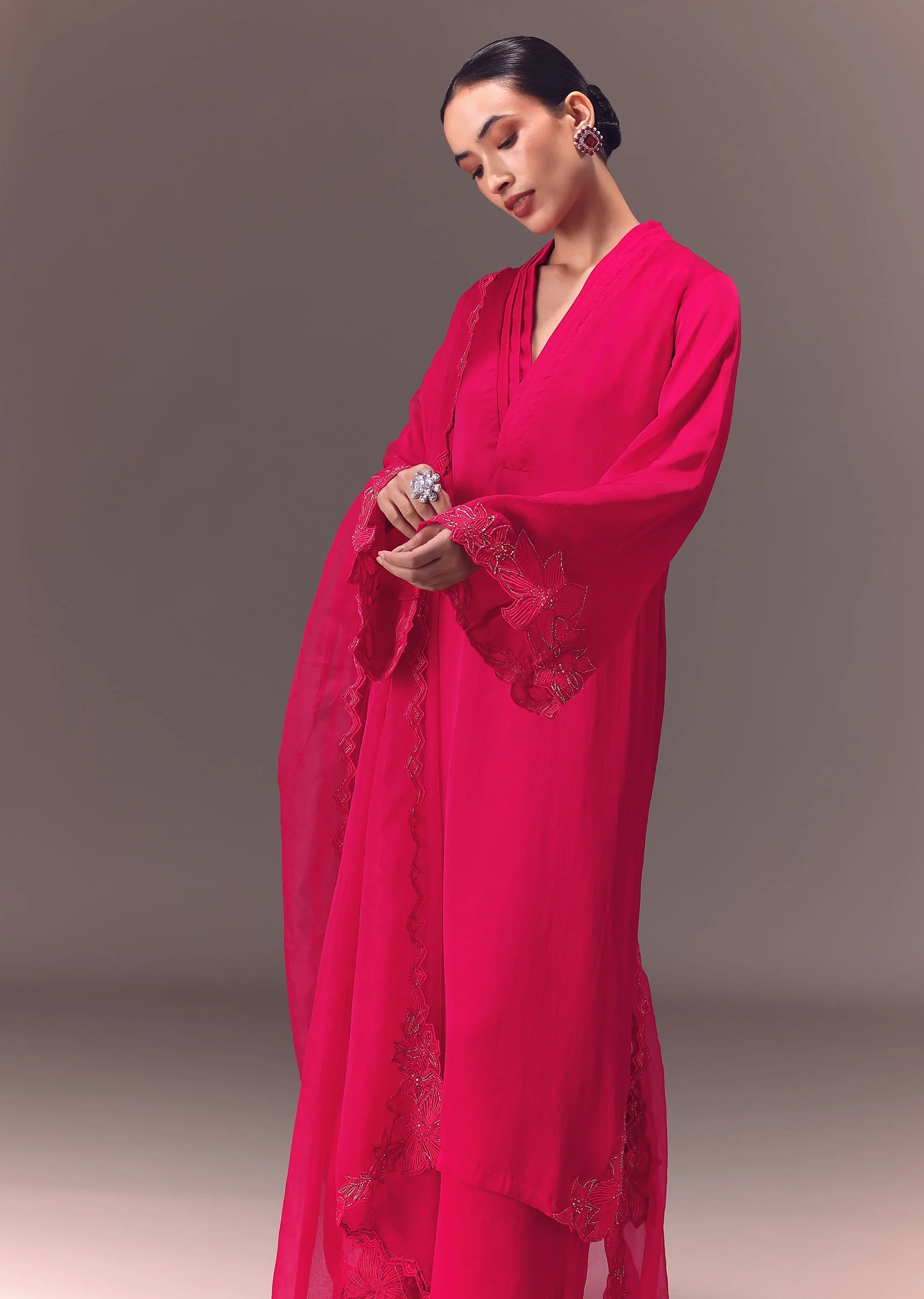 Ruby Pink Organza Kurta Set With Bell Sleeves - Image 3