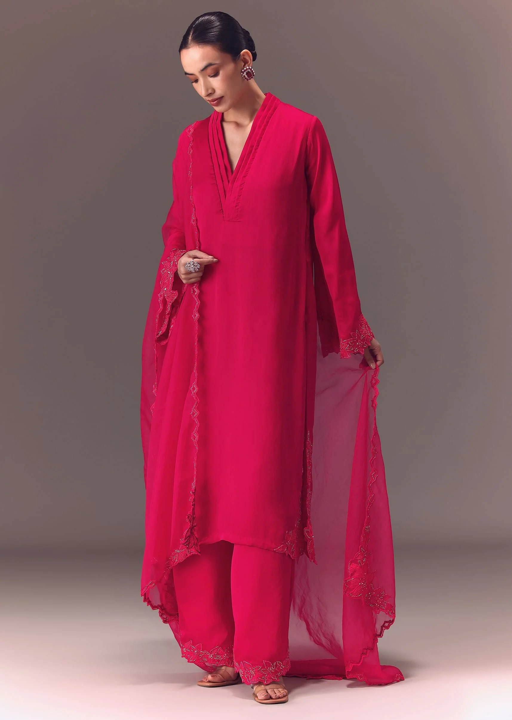 Ruby Pink Organza Kurta Set With Bell Sleeves - Image 4