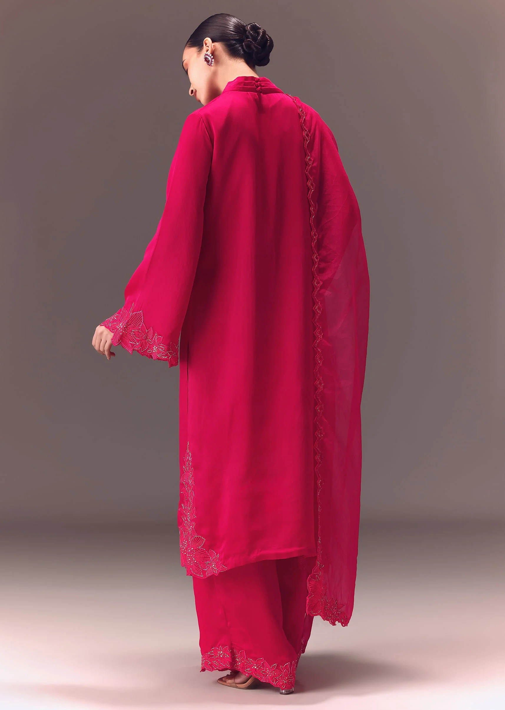 Ruby Pink Organza Kurta Set With Bell Sleeves - Image 5