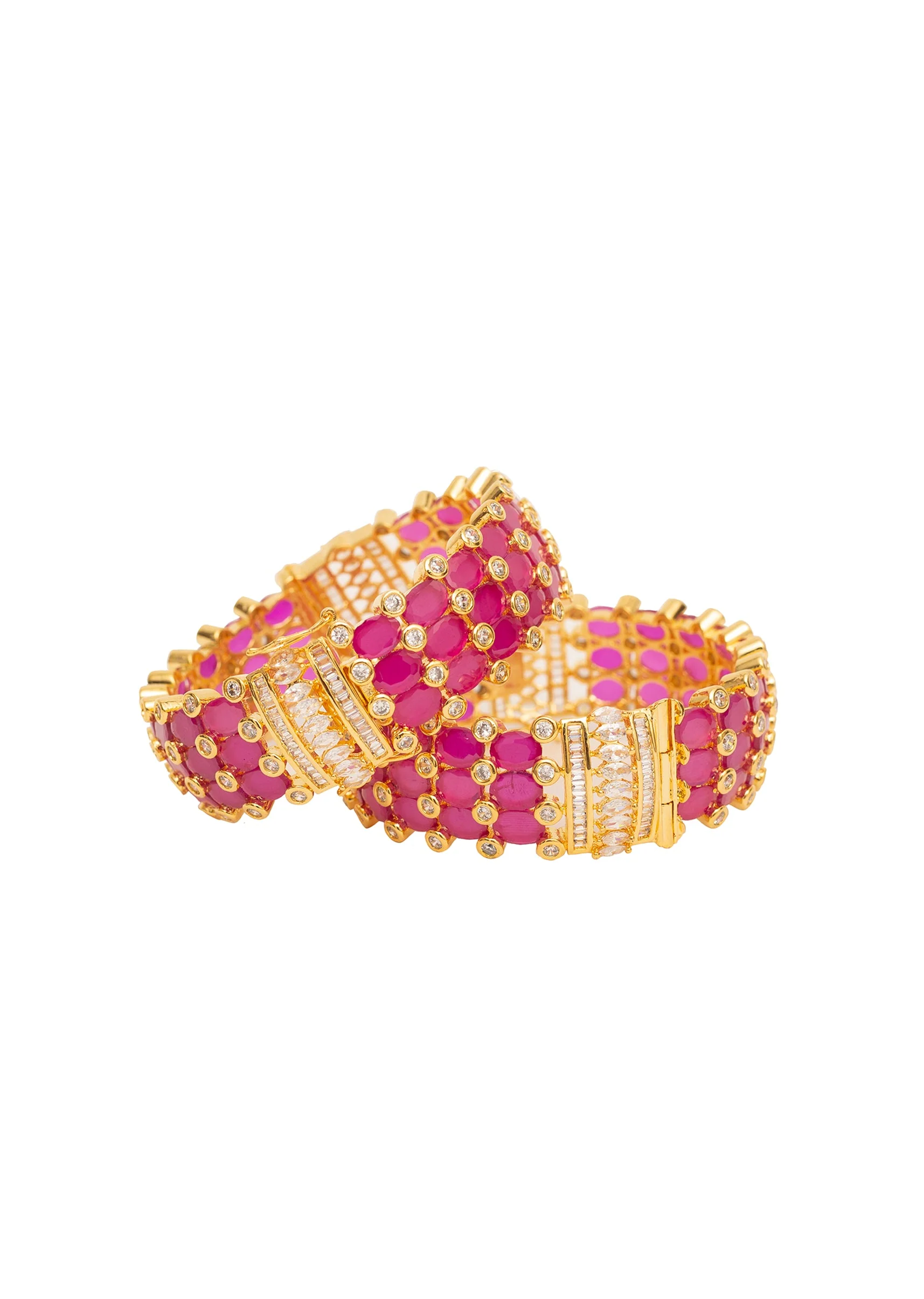 Ruby Red And Gold Plated Pink Kundan Polki Bangles - Image 3