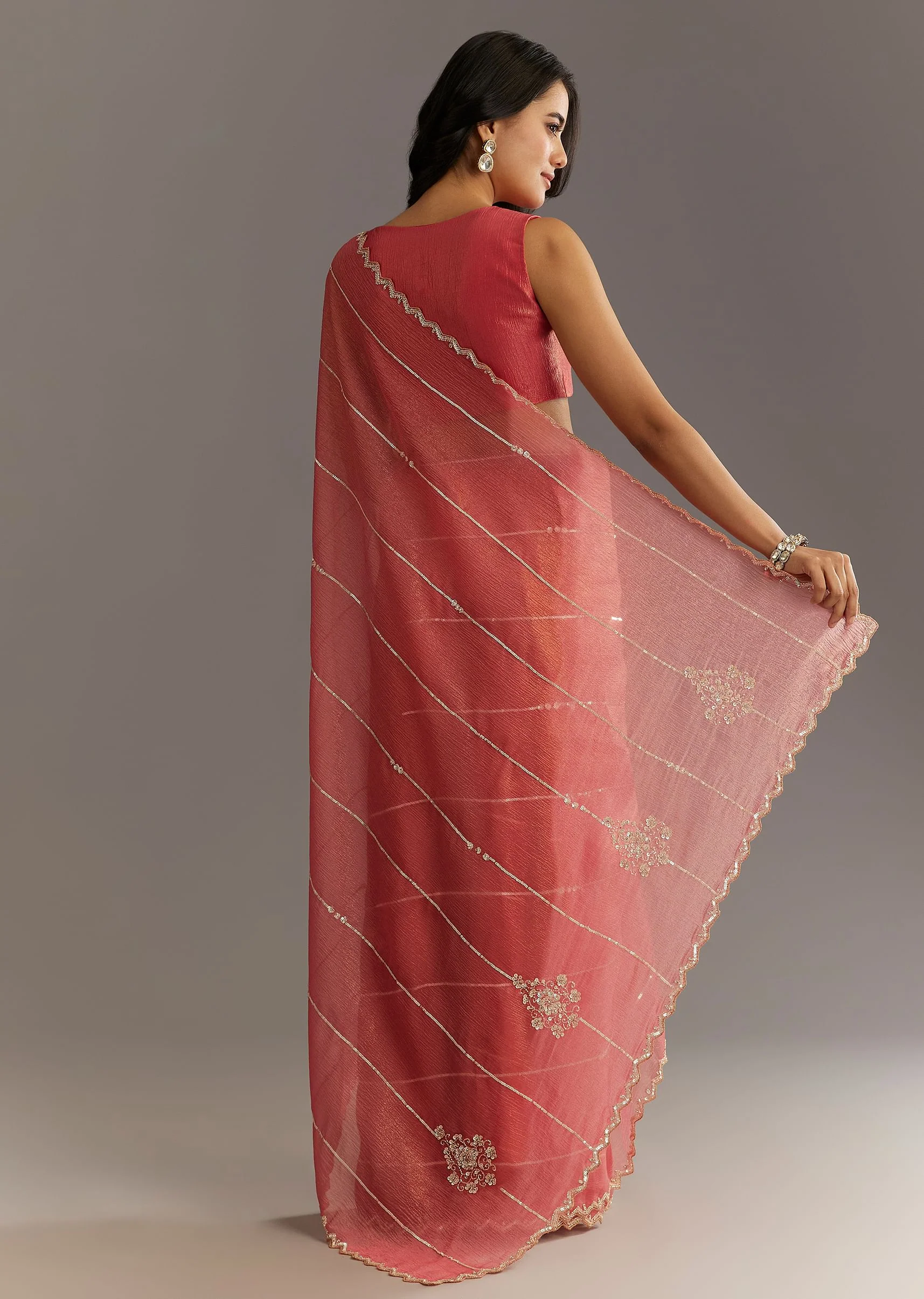 Rush Peach Crushed Tissue Saree With Scallop Embroidered Border - Image 4