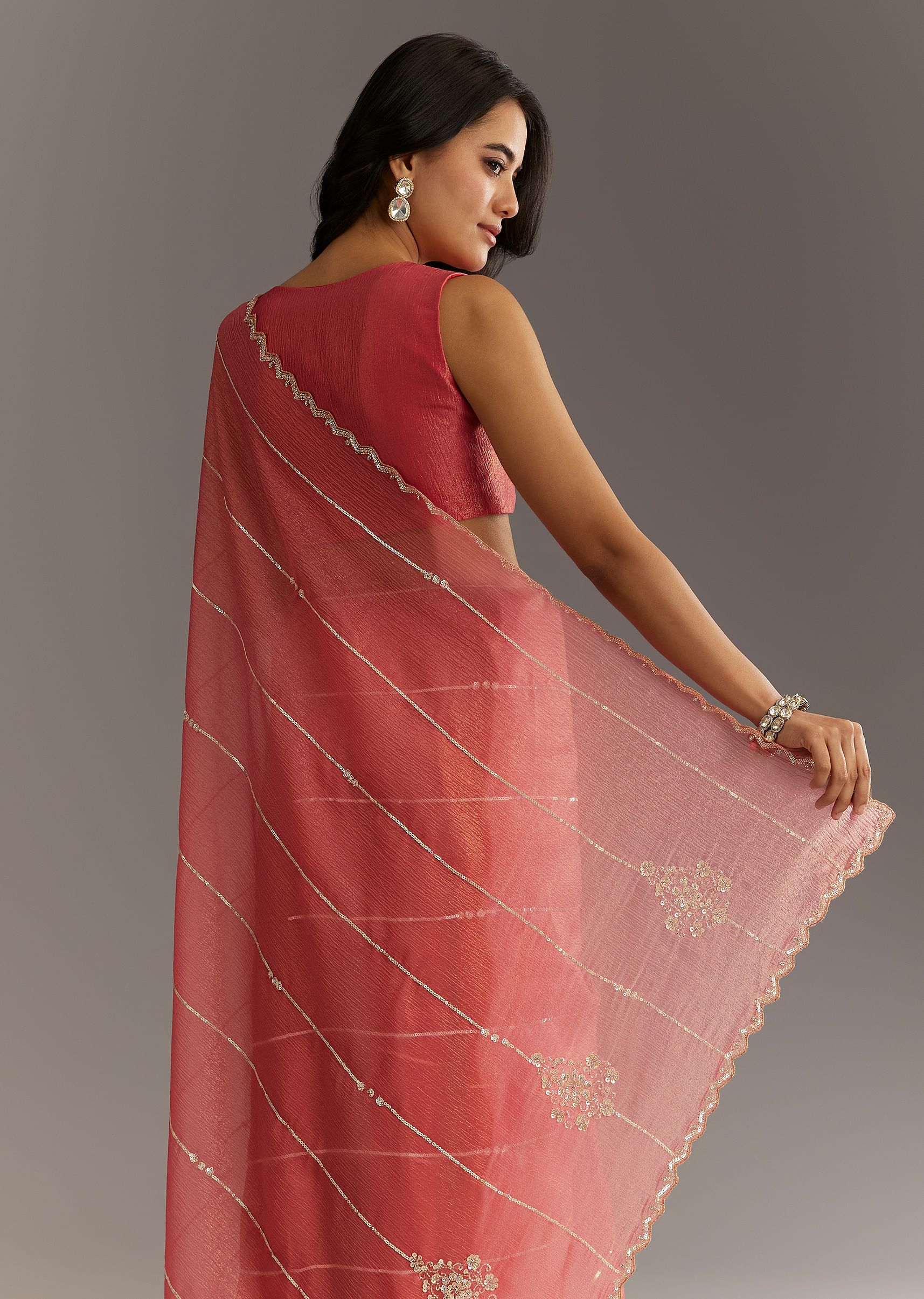 Rush Peach Crushed Tissue Saree With Scallop Embroidered Border - Image 6