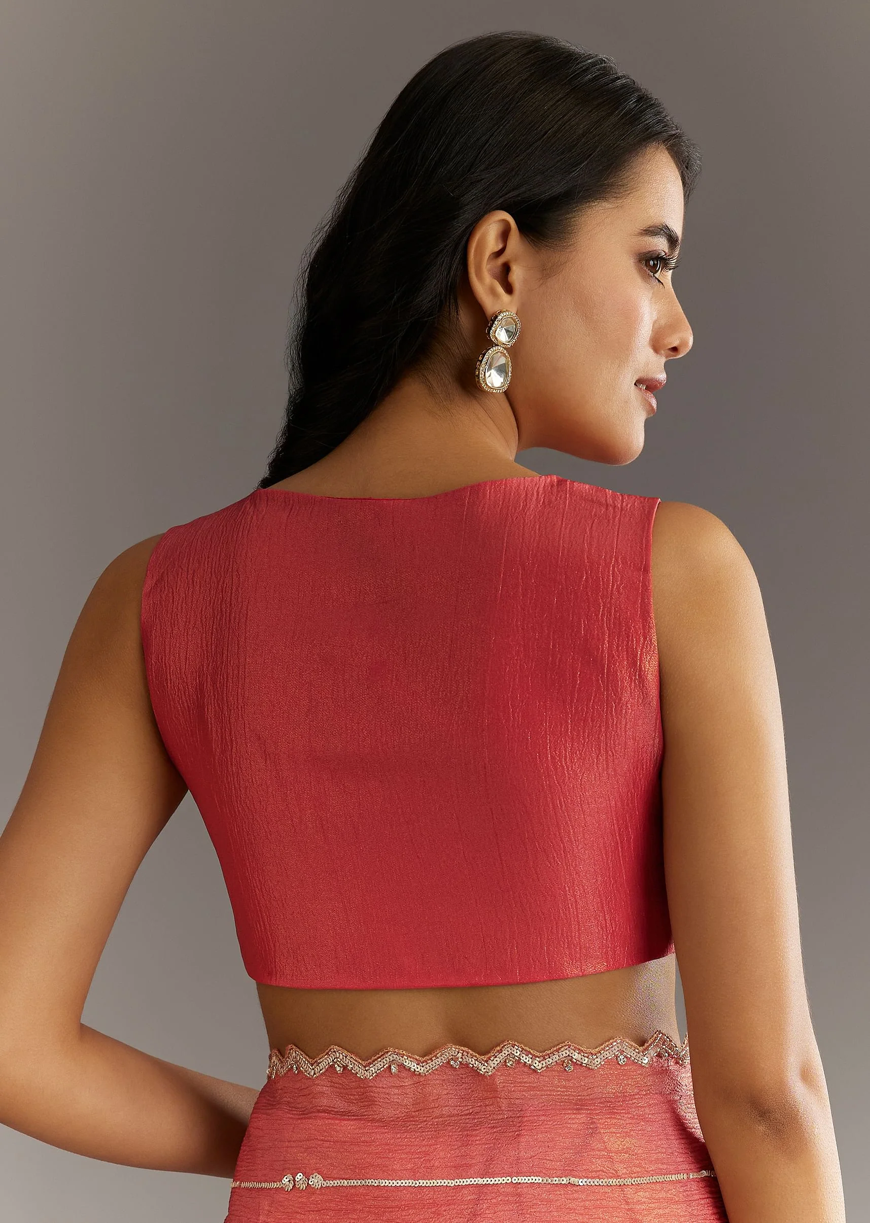 Rush Peach Crushed Tissue Saree With Scallop Embroidered Border - Image 8