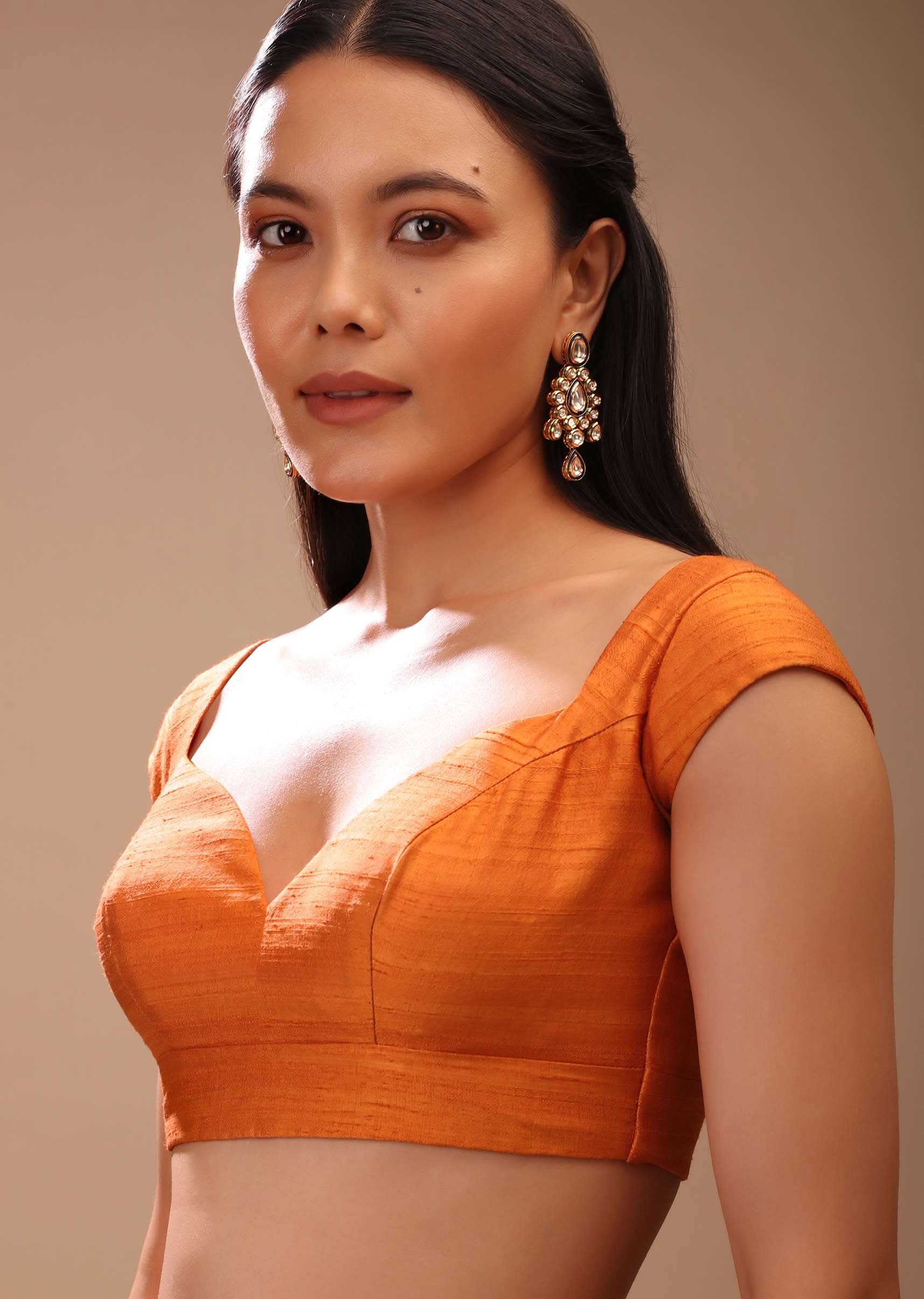 Russet Orange Blouse In Raw Silk With Sweetheart Neckline And Cap Sleeves - Image 3