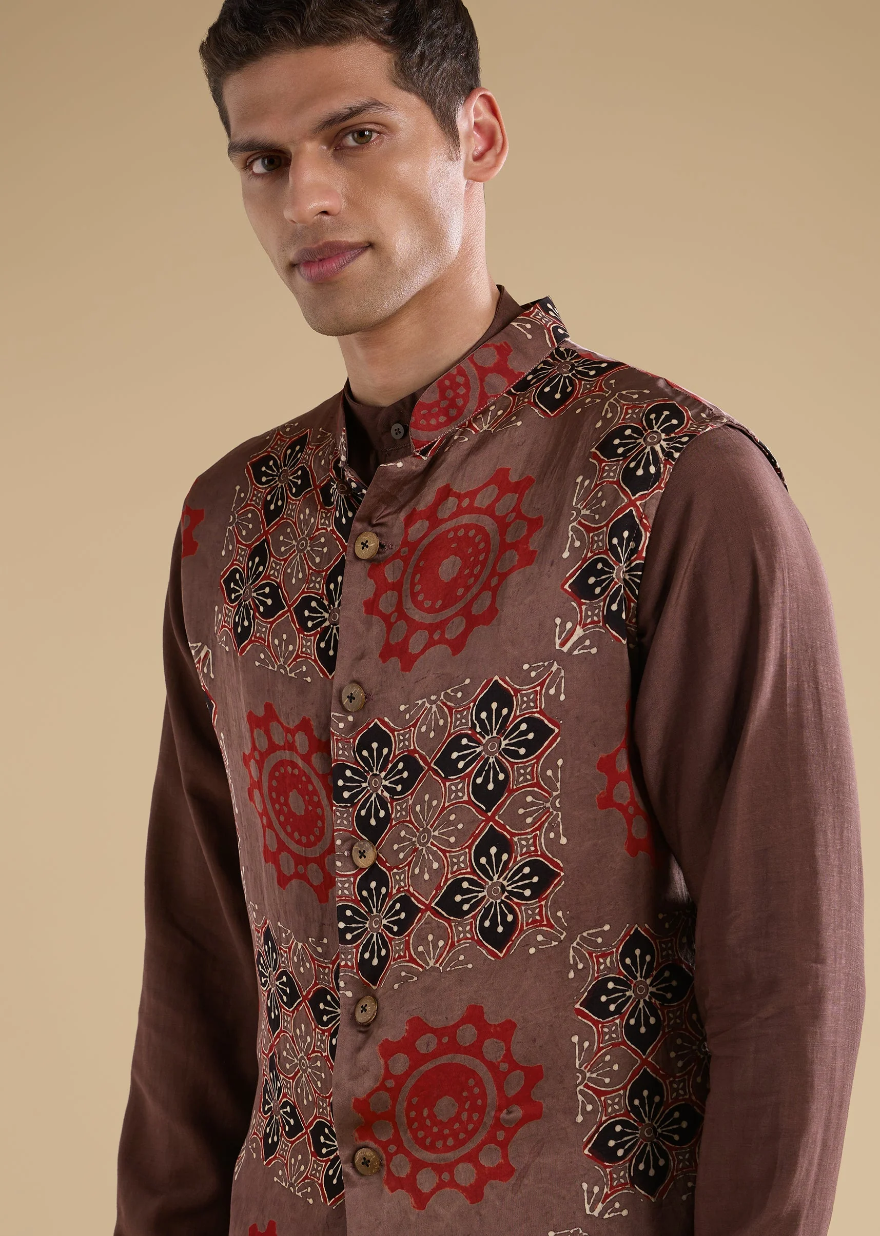 Rust Ajrakh Printed Kurta Jacket Set - Image 2
