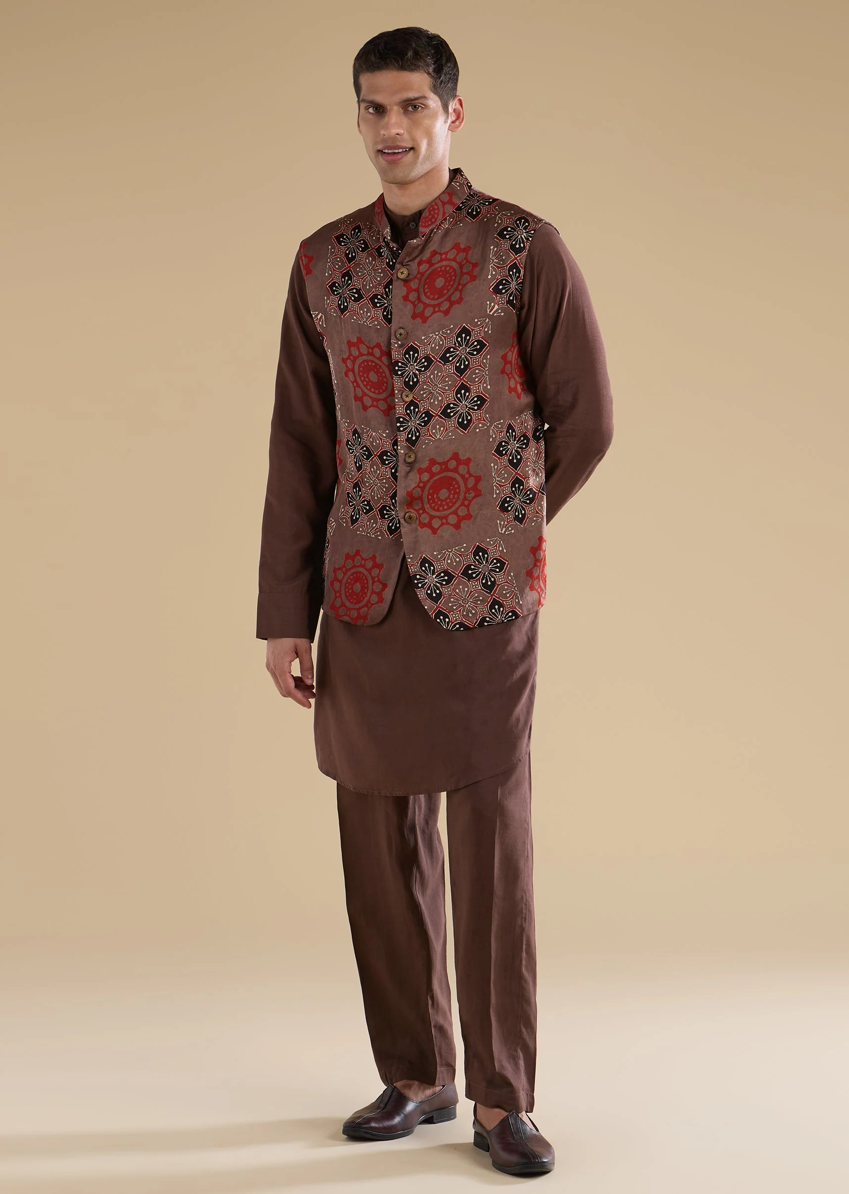 Rust Ajrakh Printed Kurta Jacket Set - Image 3