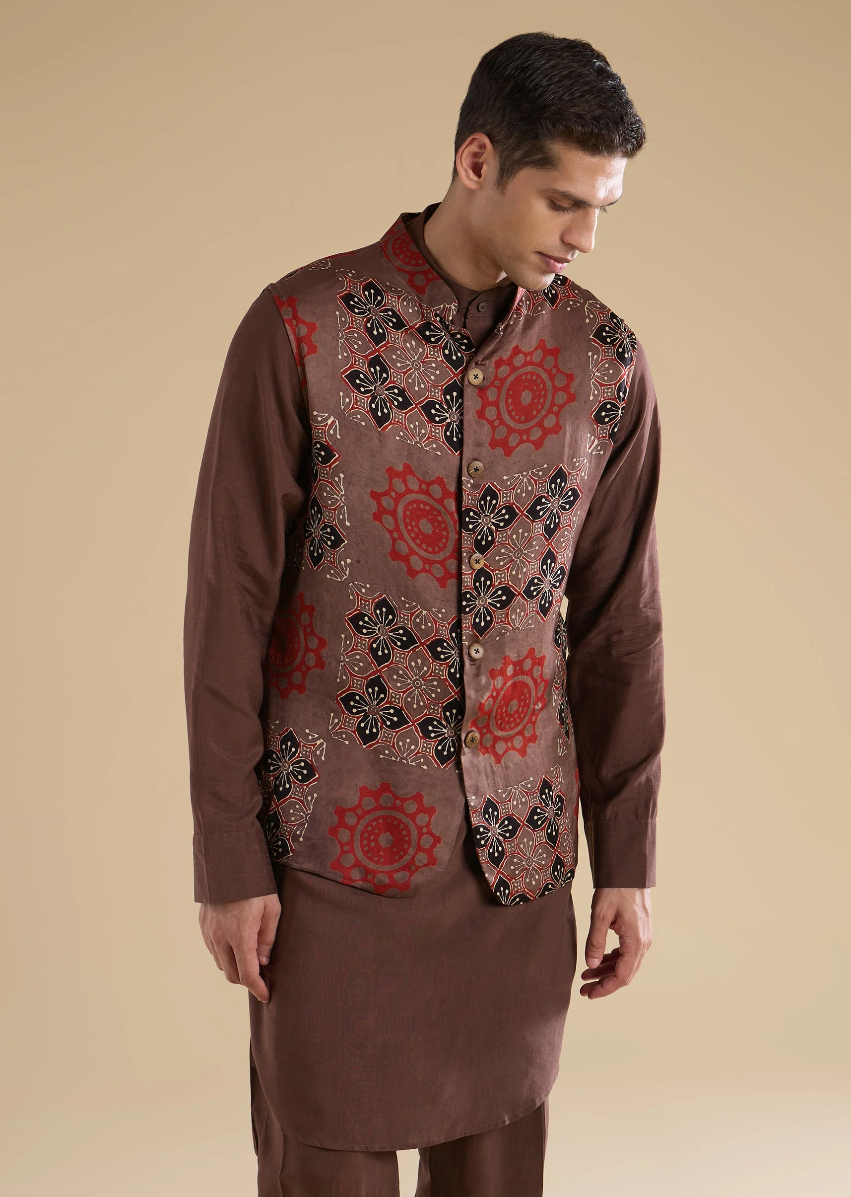 Rust Ajrakh Printed Kurta Jacket Set - Image 4