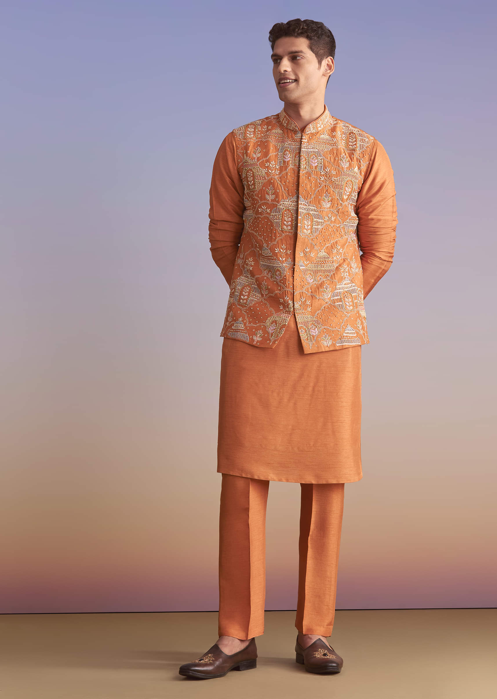 Rust Banarasi Silk Kurta Jacket Set For Men With Embroidery - Image 3