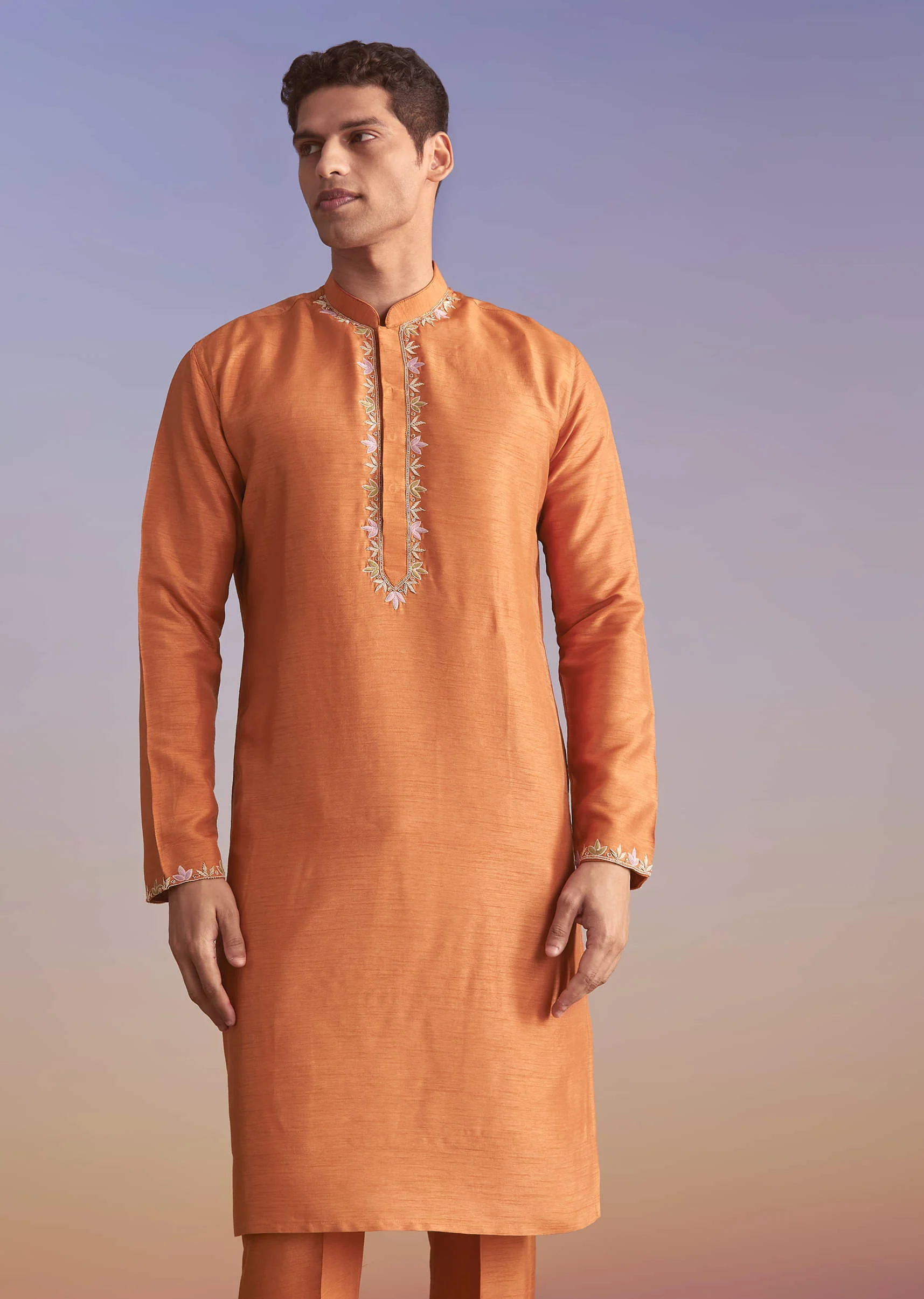 Rust Banarasi Silk Kurta Jacket Set For Men With Embroidery - Image 6