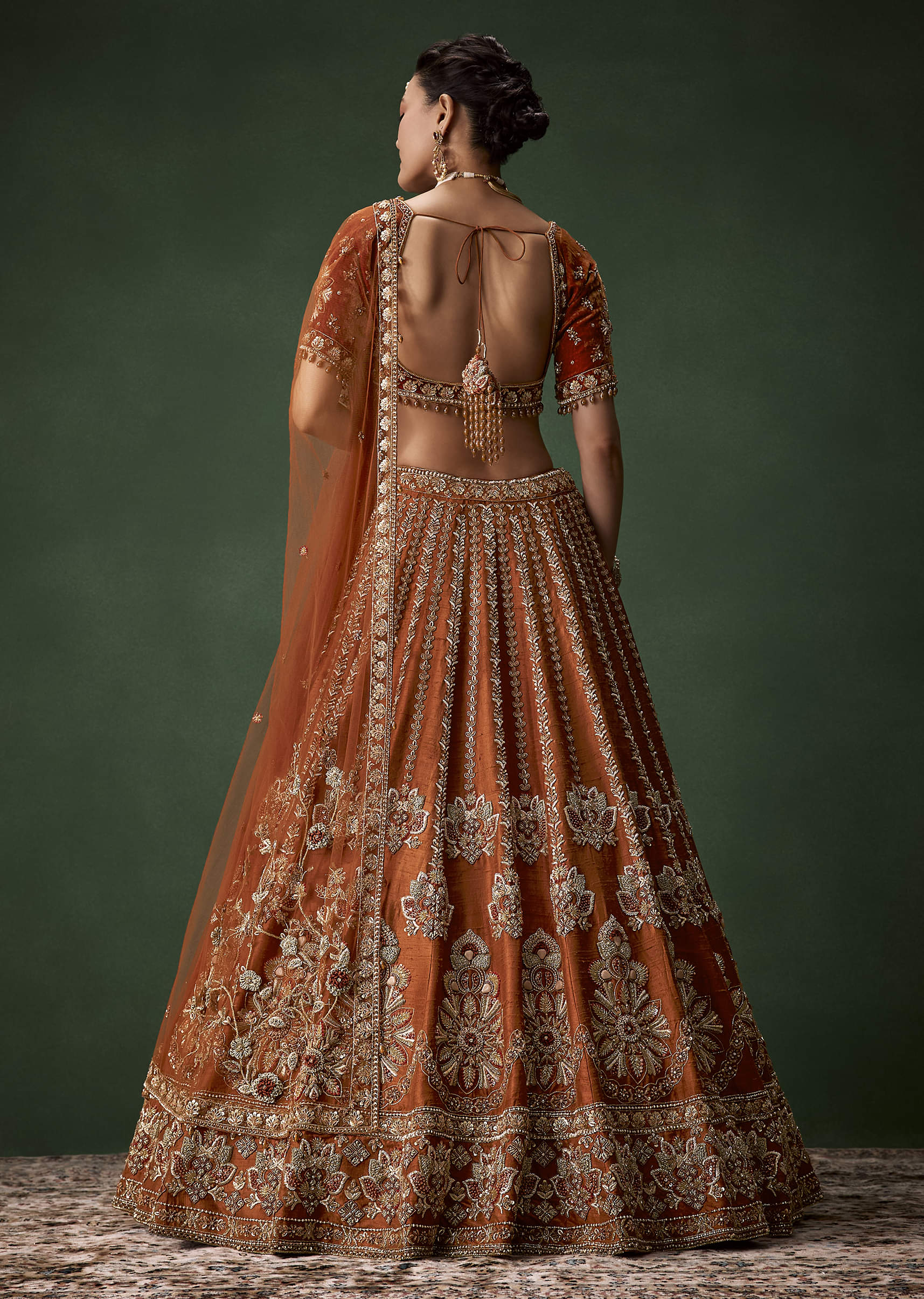 Rust Bridal Raw Silk Embellished Lehenga Set with Two Dupattas - Image 2