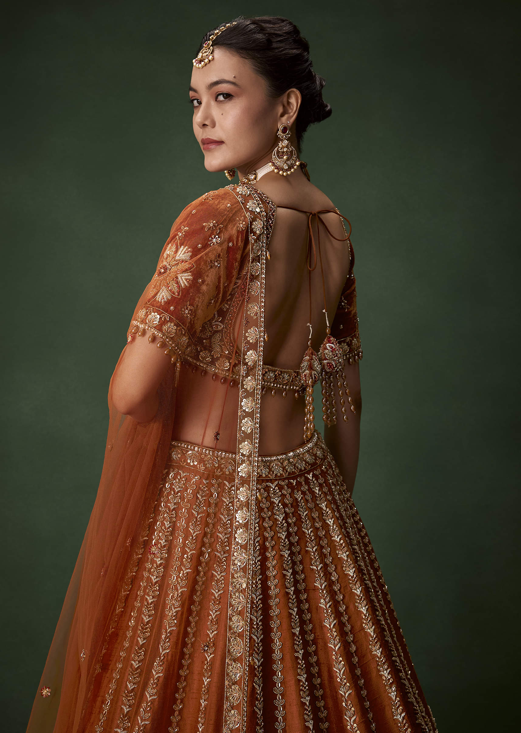 Rust Bridal Raw Silk Embellished Lehenga Set with Two Dupattas - Image 5