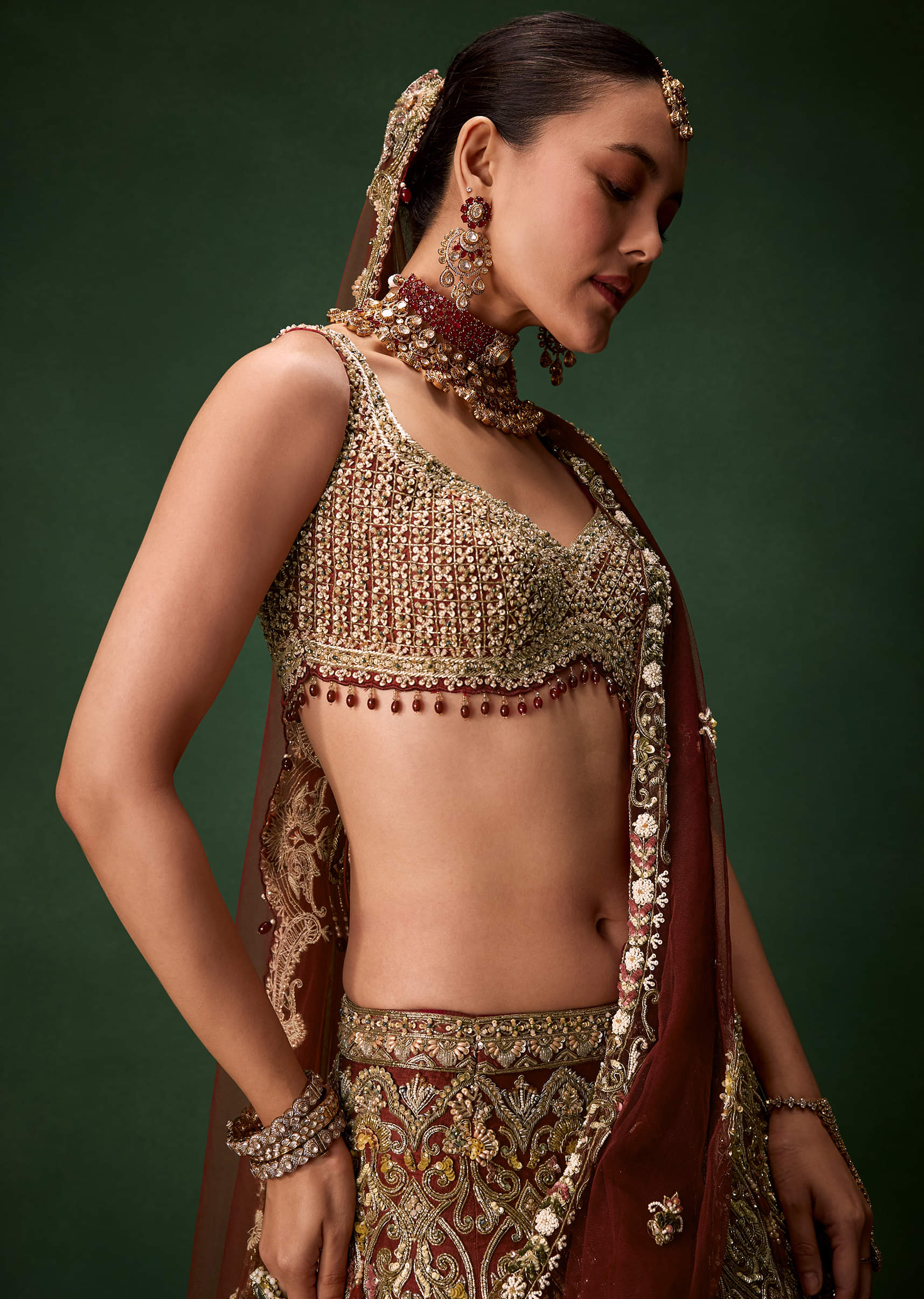 Rust Bridal Silk Embellished Lehenga Set with  Two Dupattas - Image 3