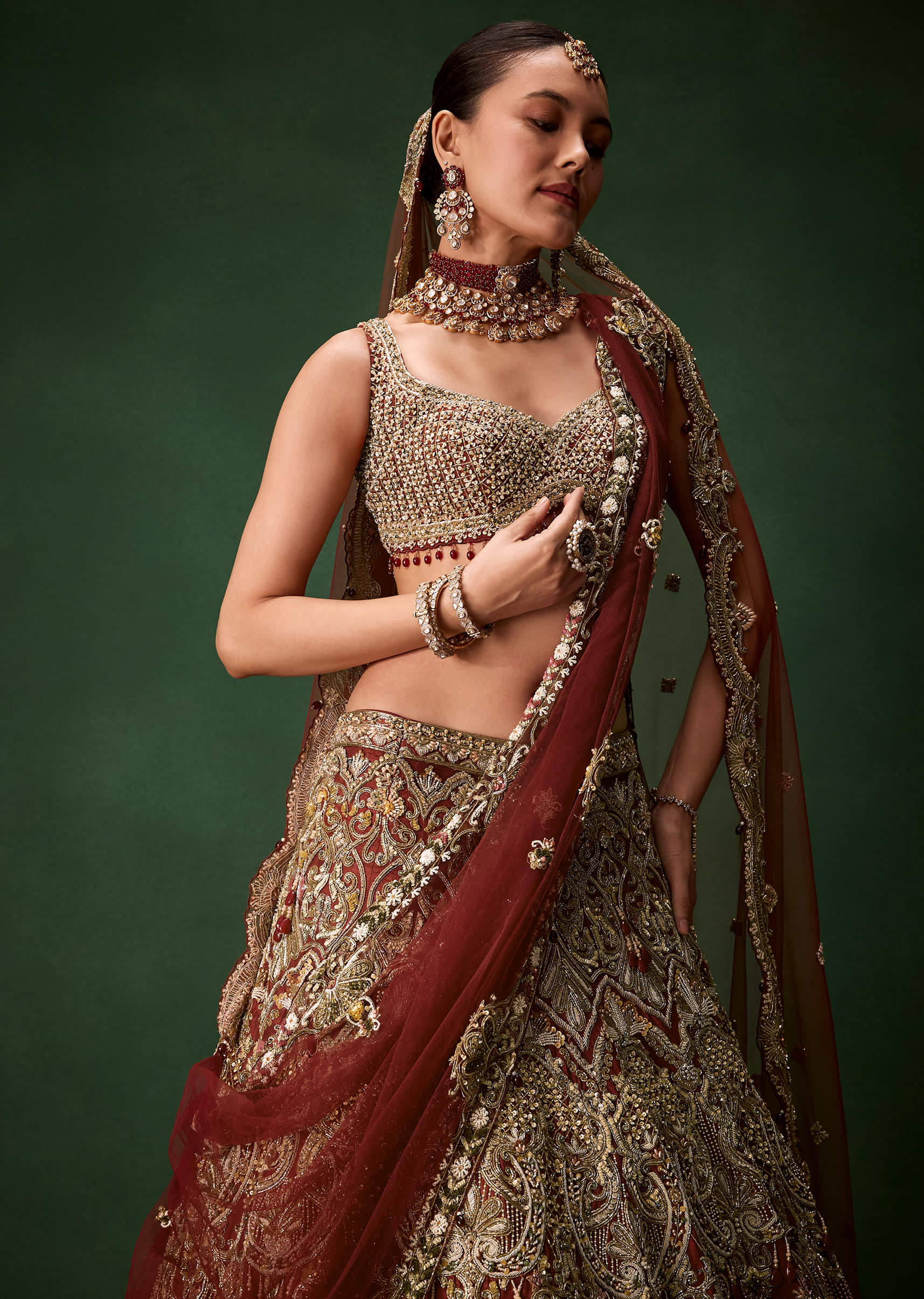 Rust Bridal Silk Embellished Lehenga Set with  Two Dupattas - Image 5