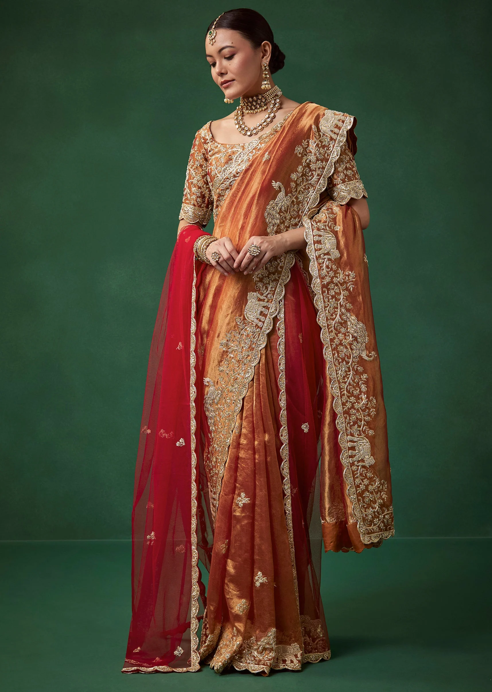 Rust Bridal Silk Organza Saree with Unstitched Blouse