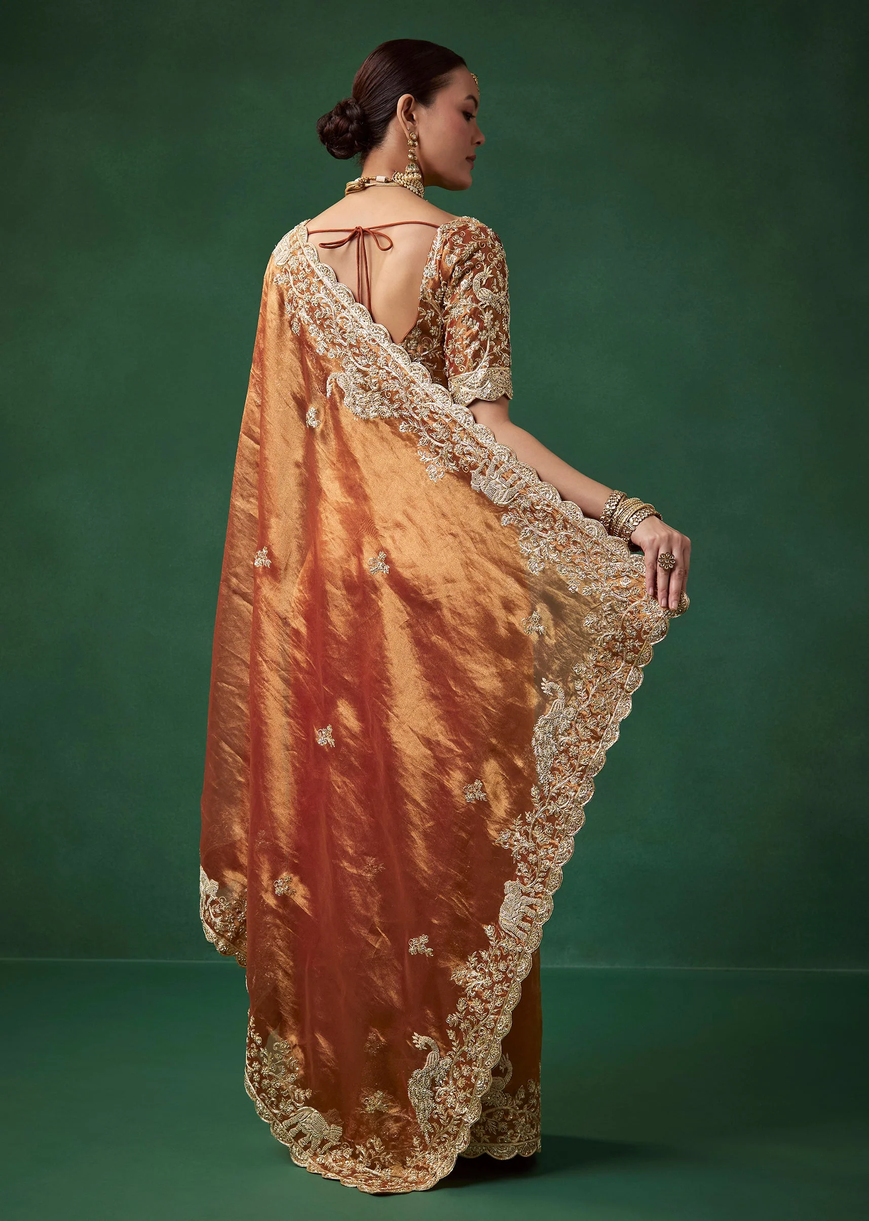 Rust Bridal Silk Organza Saree with Unstitched Blouse - Image 4