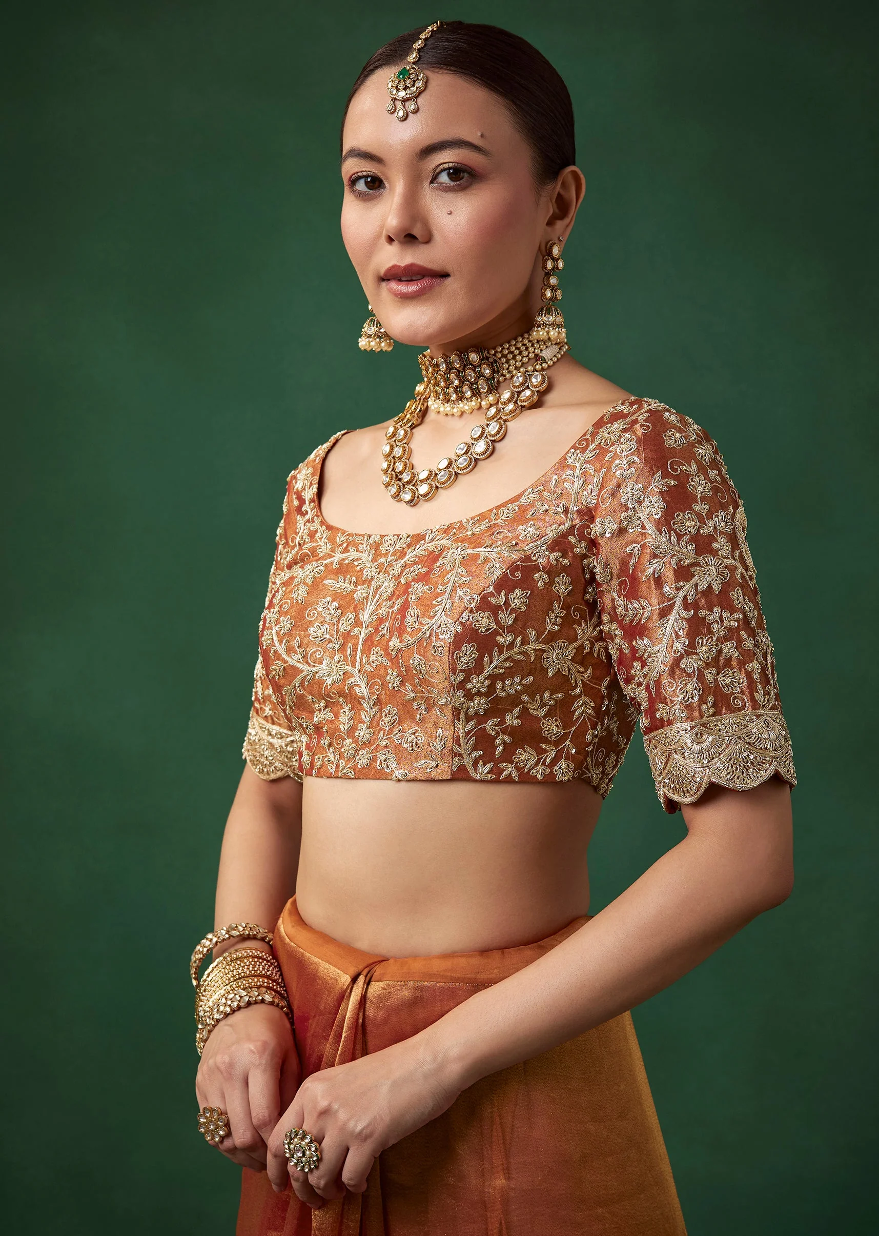 Rust Bridal Silk Organza Saree with Unstitched Blouse - Image 7