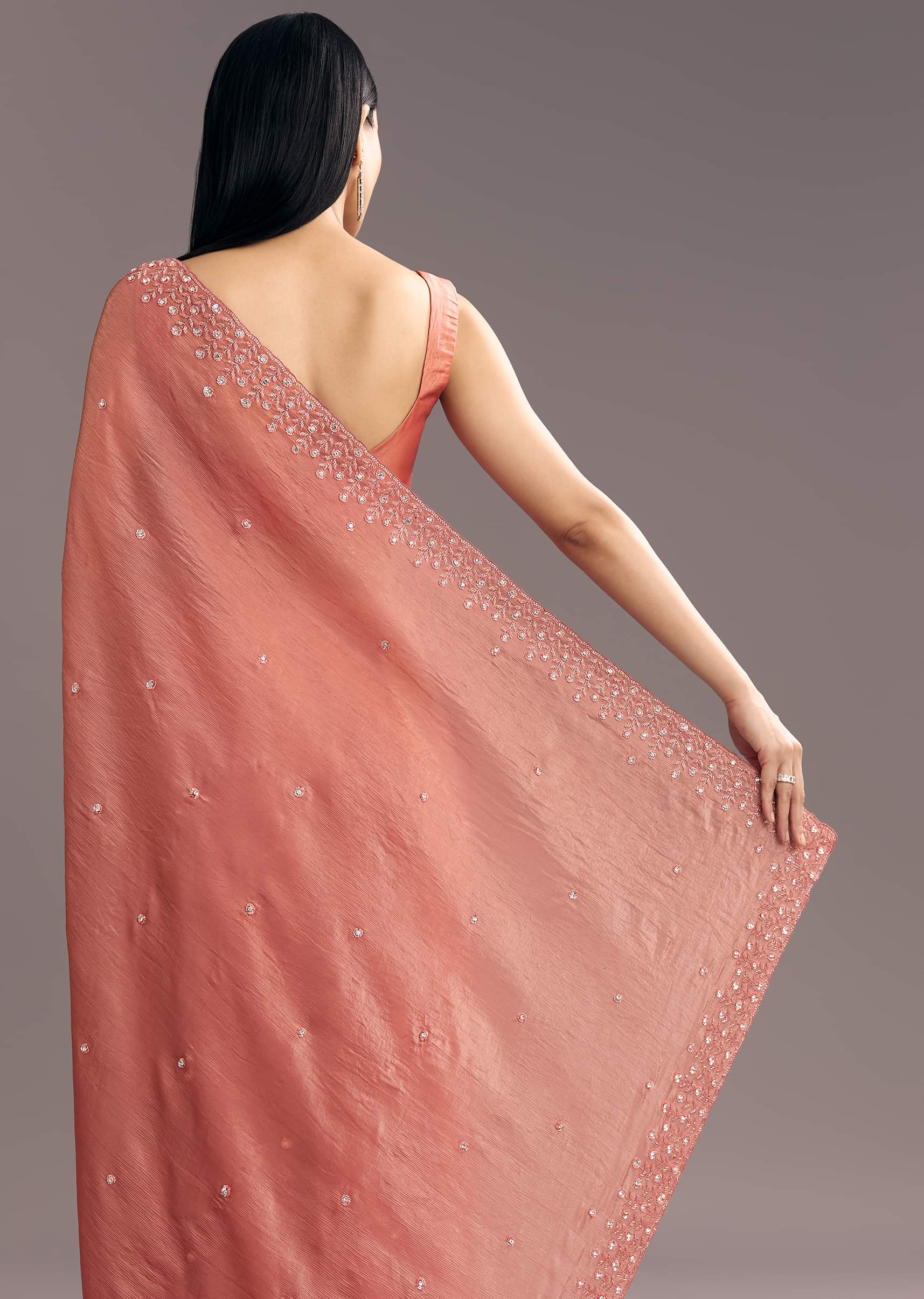 Rust Brown Crushed Tissue Cutdana And Sequin Embroidered Saree - Image 4