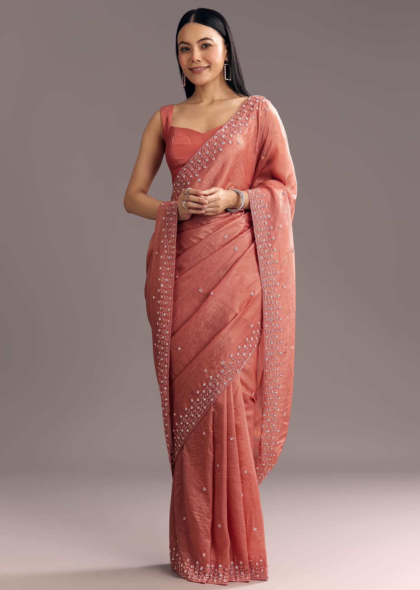Rust Brown Crushed Tissue Cutdana And Sequin Embroidered Saree - Image 5
