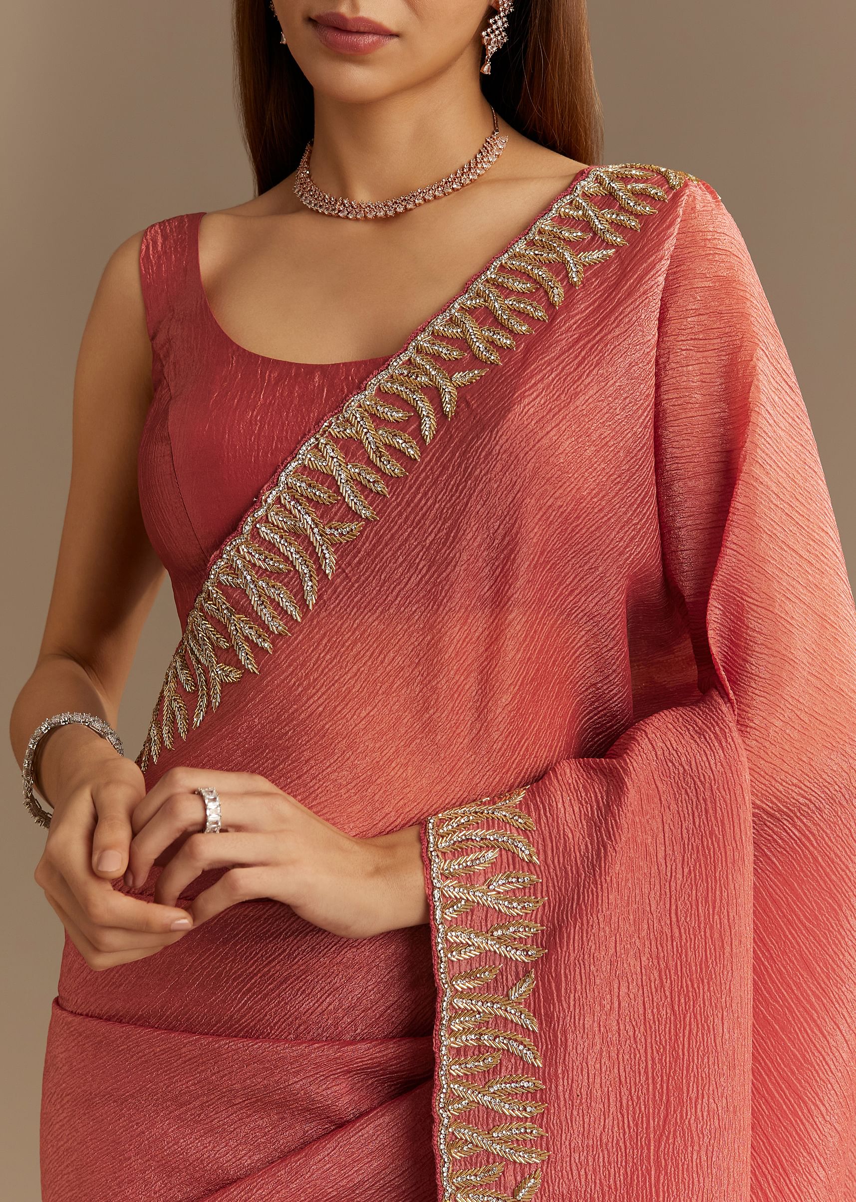 Rust Brown Crushed Tissue Saree With Scallop Border And Stone Embroidery - Image 3