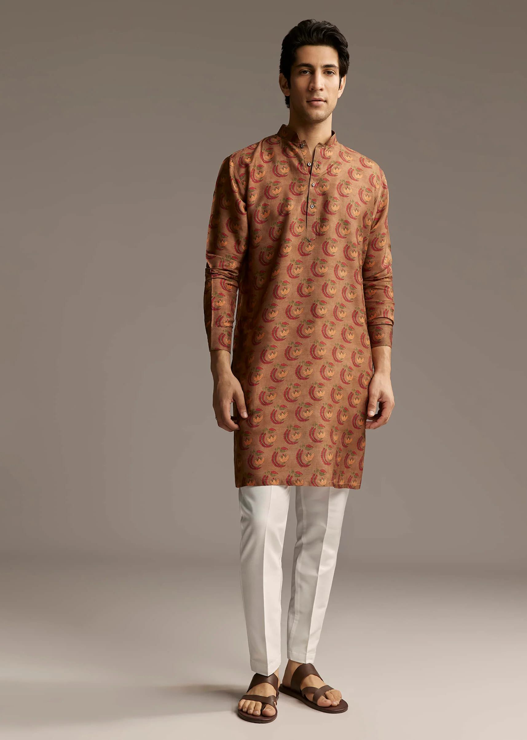 Rust Brown Designer Kurta For Men With Traditional Crescent Motif Print - Image 4