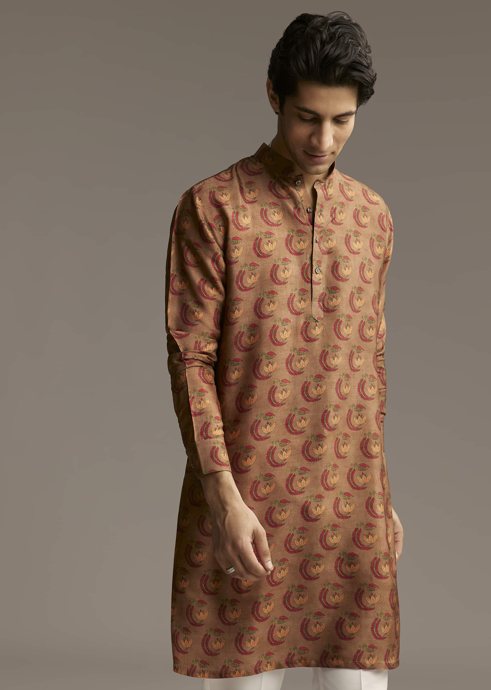 Rust Brown Designer Kurta For Men With Traditional Crescent Motif Print - Image 7