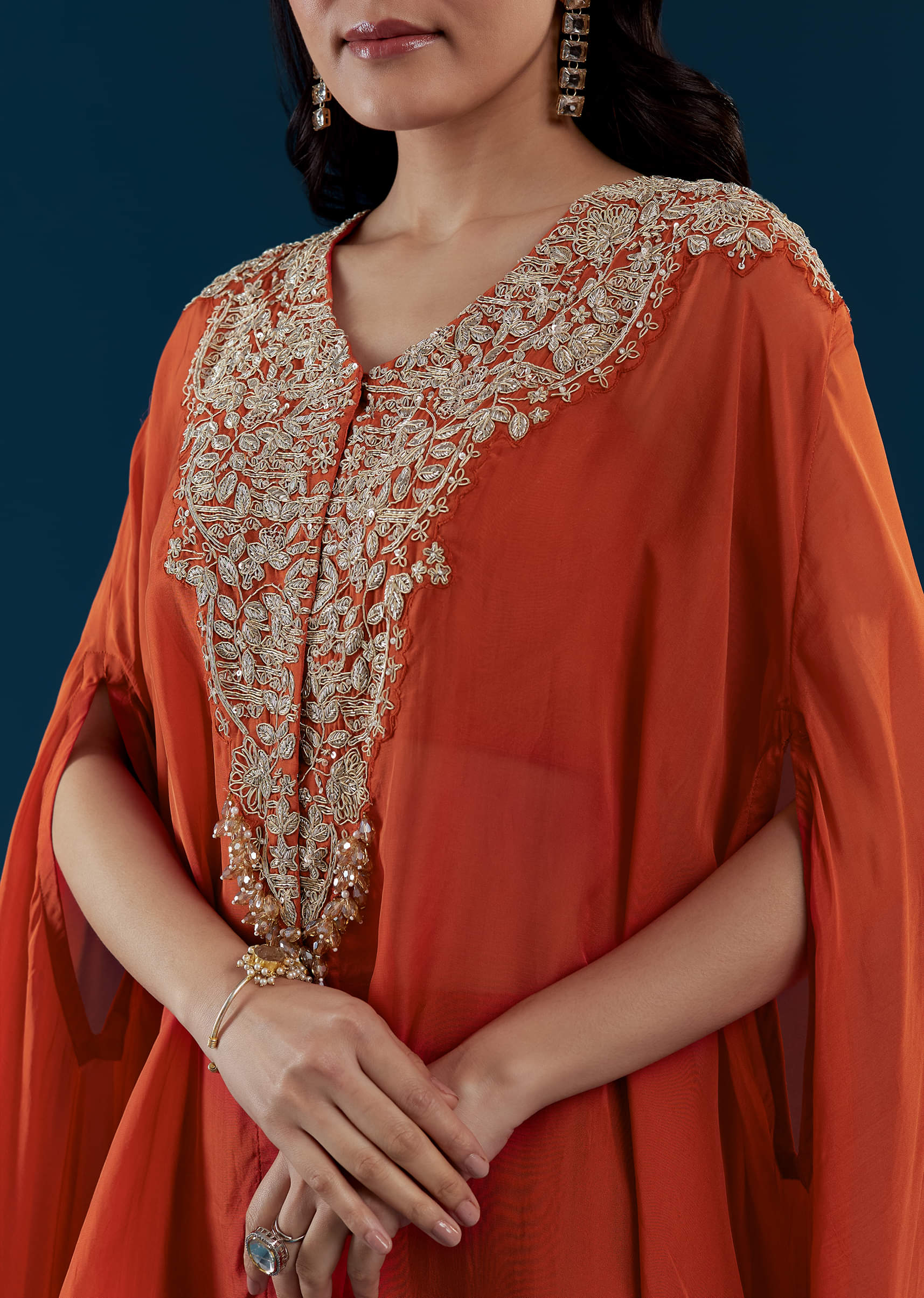 Rust Cape and Palazzo Set with Zardozi Work - Image 2