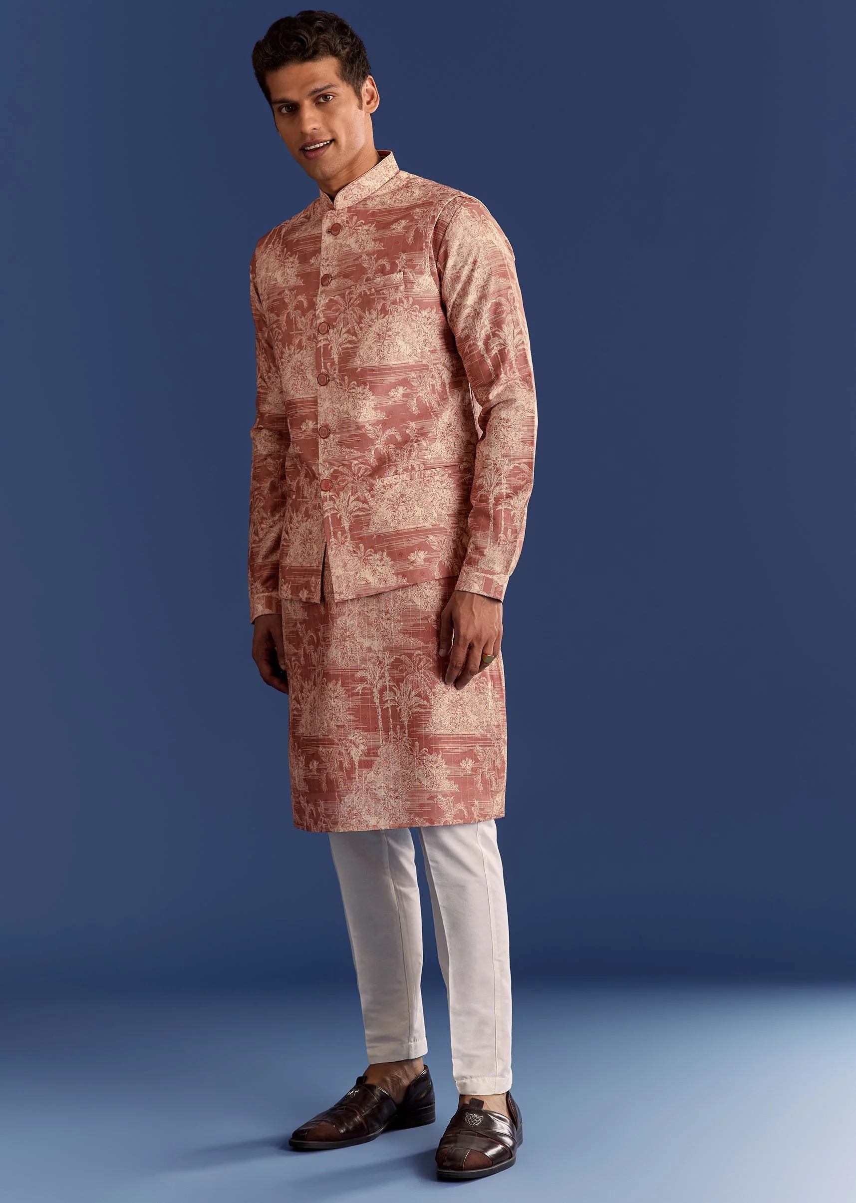 Rust Cotton Silk Kurta Jacket Set With Coastal Print - Image 3