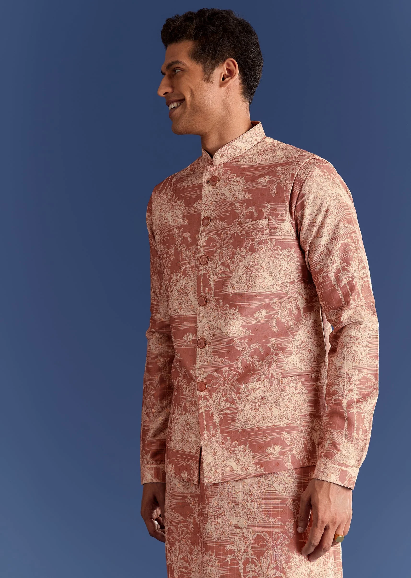 Rust Cotton Silk Kurta Jacket Set With Coastal Print - Image 4