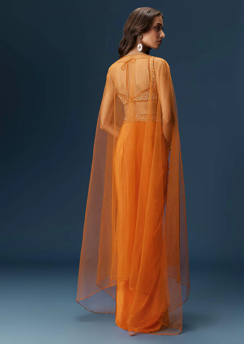 Rust Dhoti Skirt Set With Embellished Blouse And Tassel Net Dupatta - Image 2