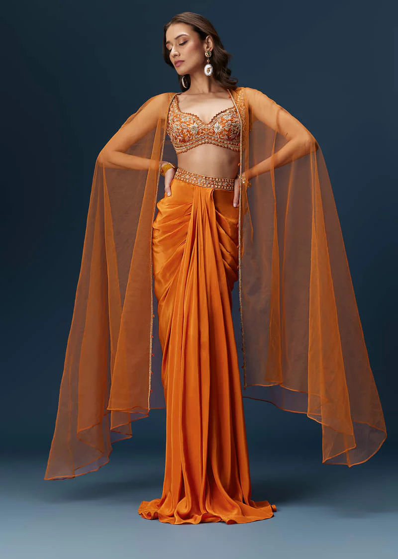 Rust Dhoti Skirt Set With Embellished Blouse And Tassel Net Dupatta - Image 3
