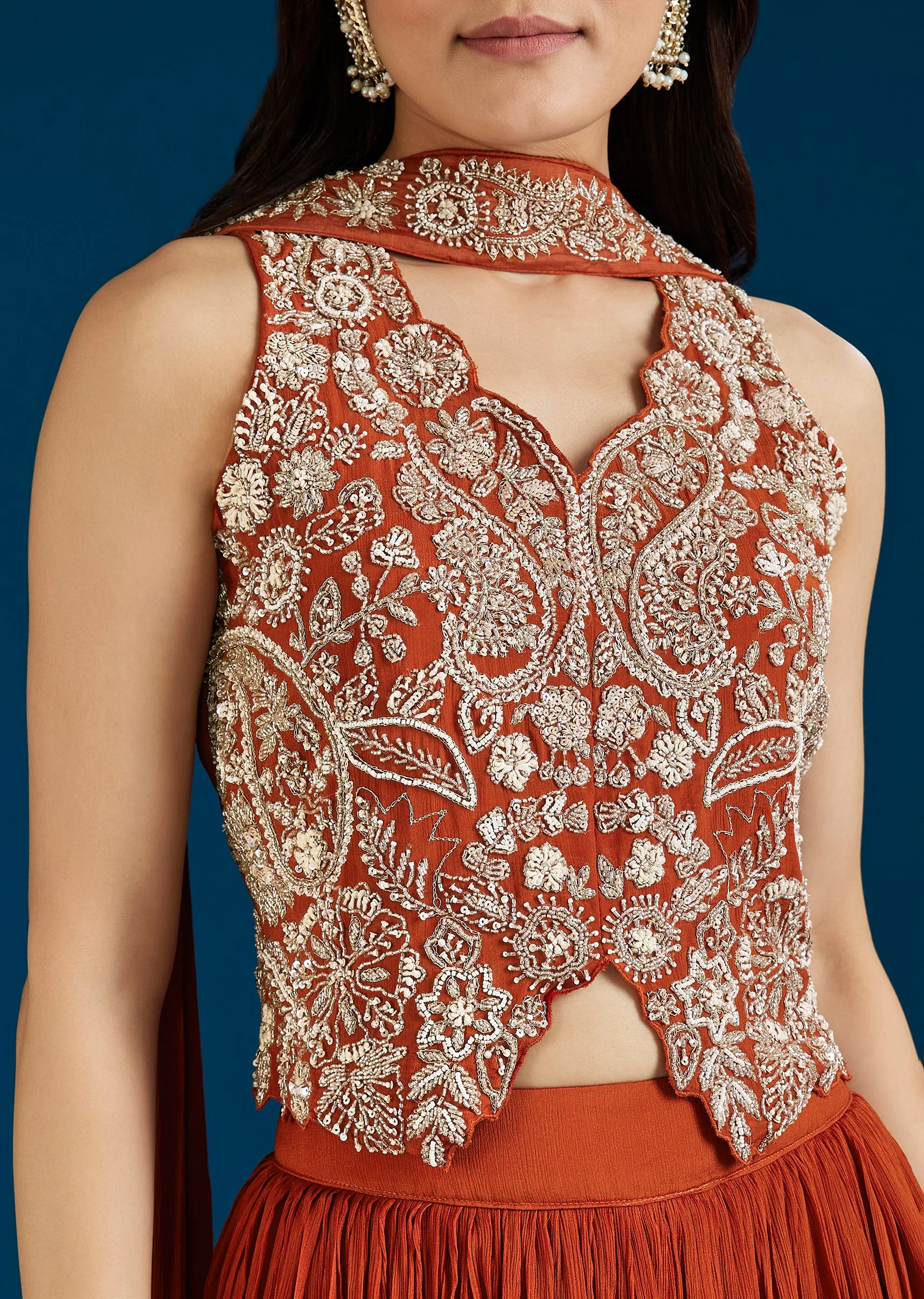 Rust Embellished Crop Top Skirt Set With Dupatta - Image 2