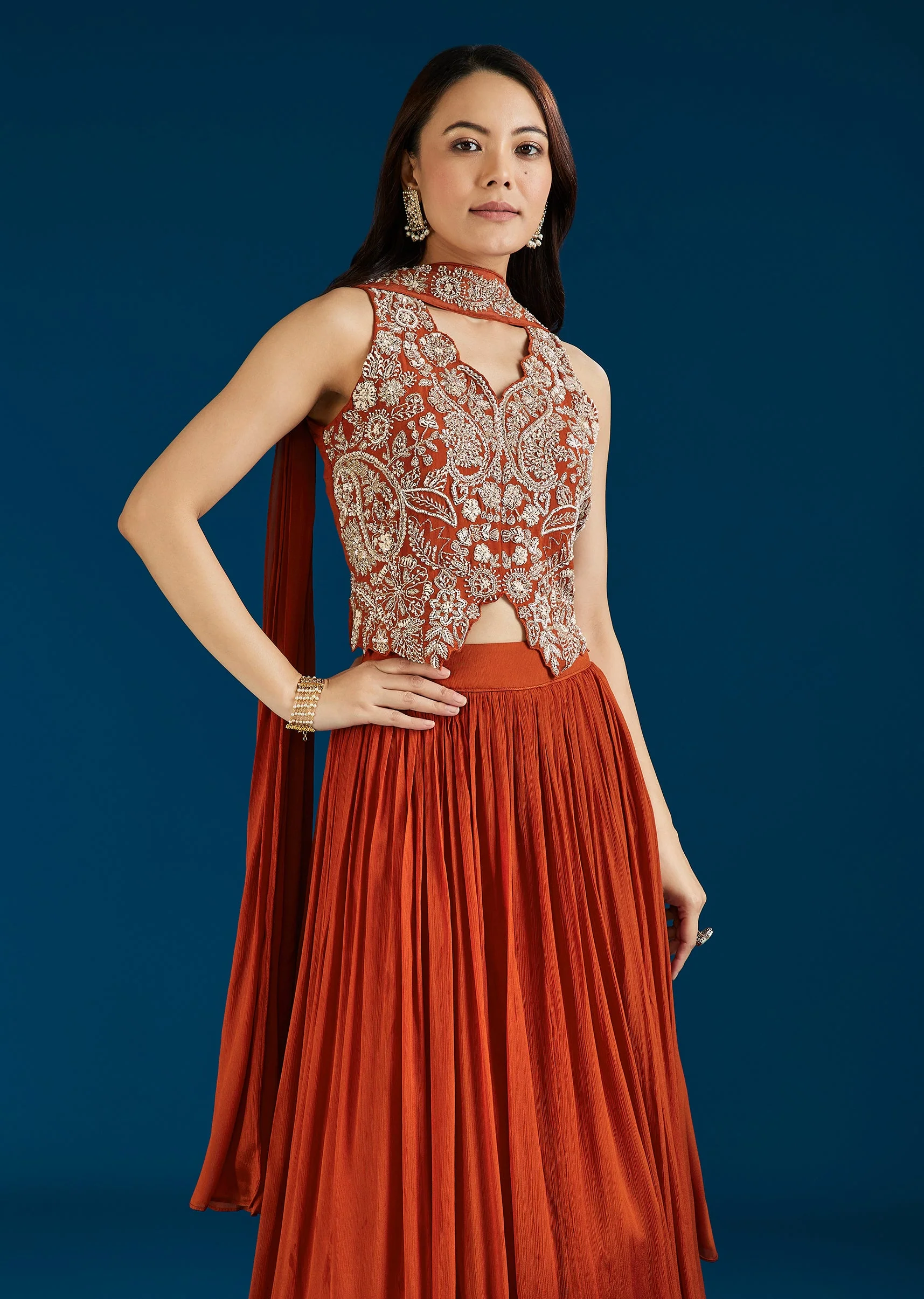 Rust Embellished Crop Top Skirt Set With Dupatta - Image 4
