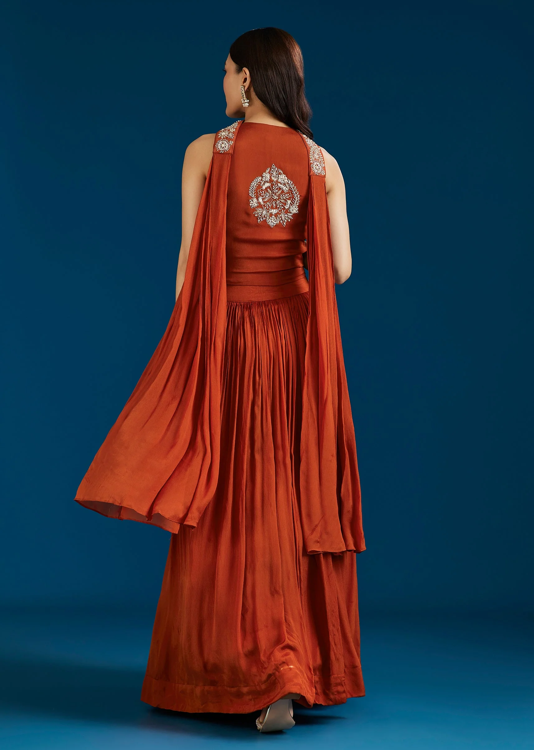 Rust Embellished Crop Top Skirt Set With Dupatta - Image 5