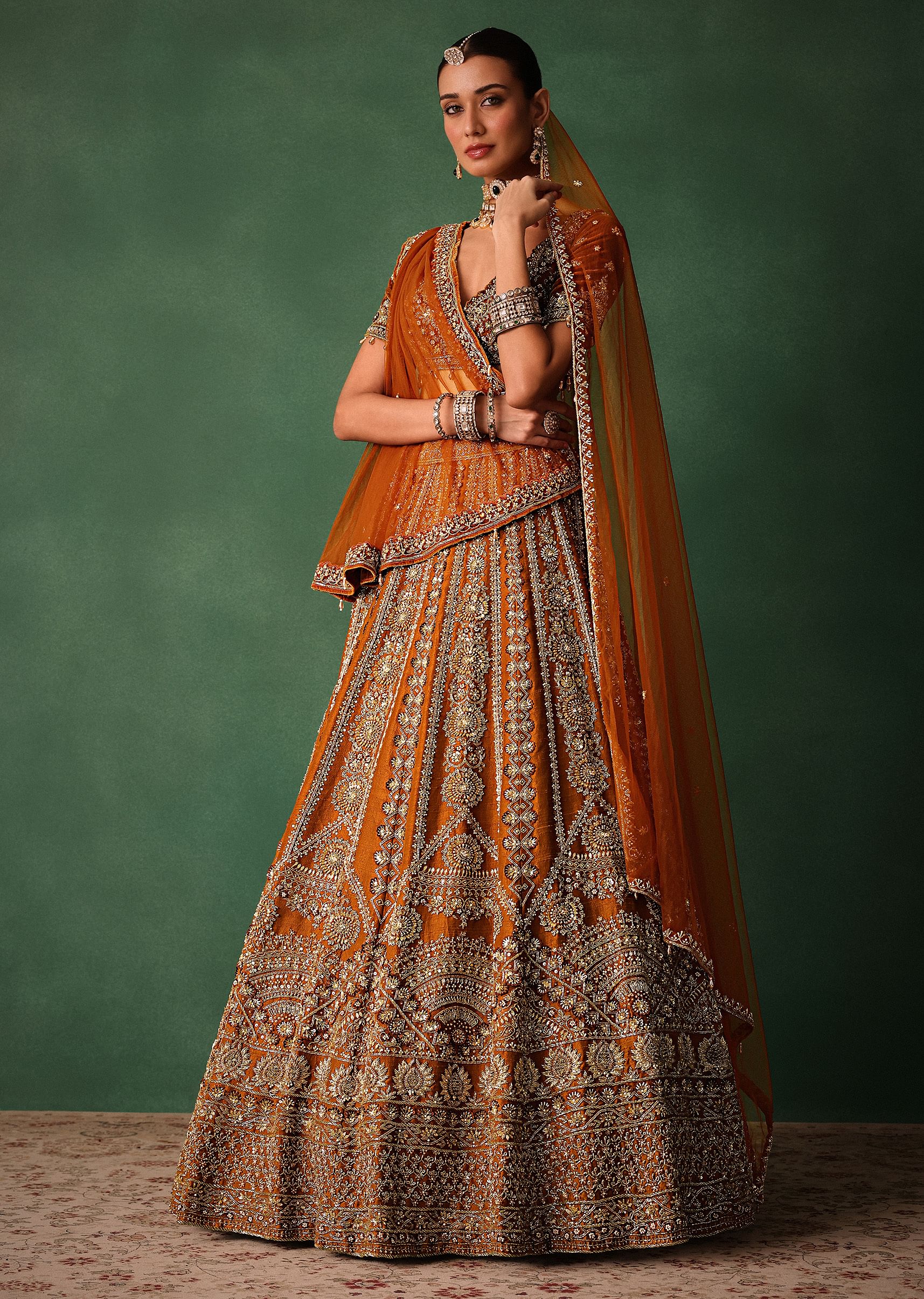 Rust Embroidered Bridal Lehenga With Deep Neckline Blouse And Dupatta - Image 3