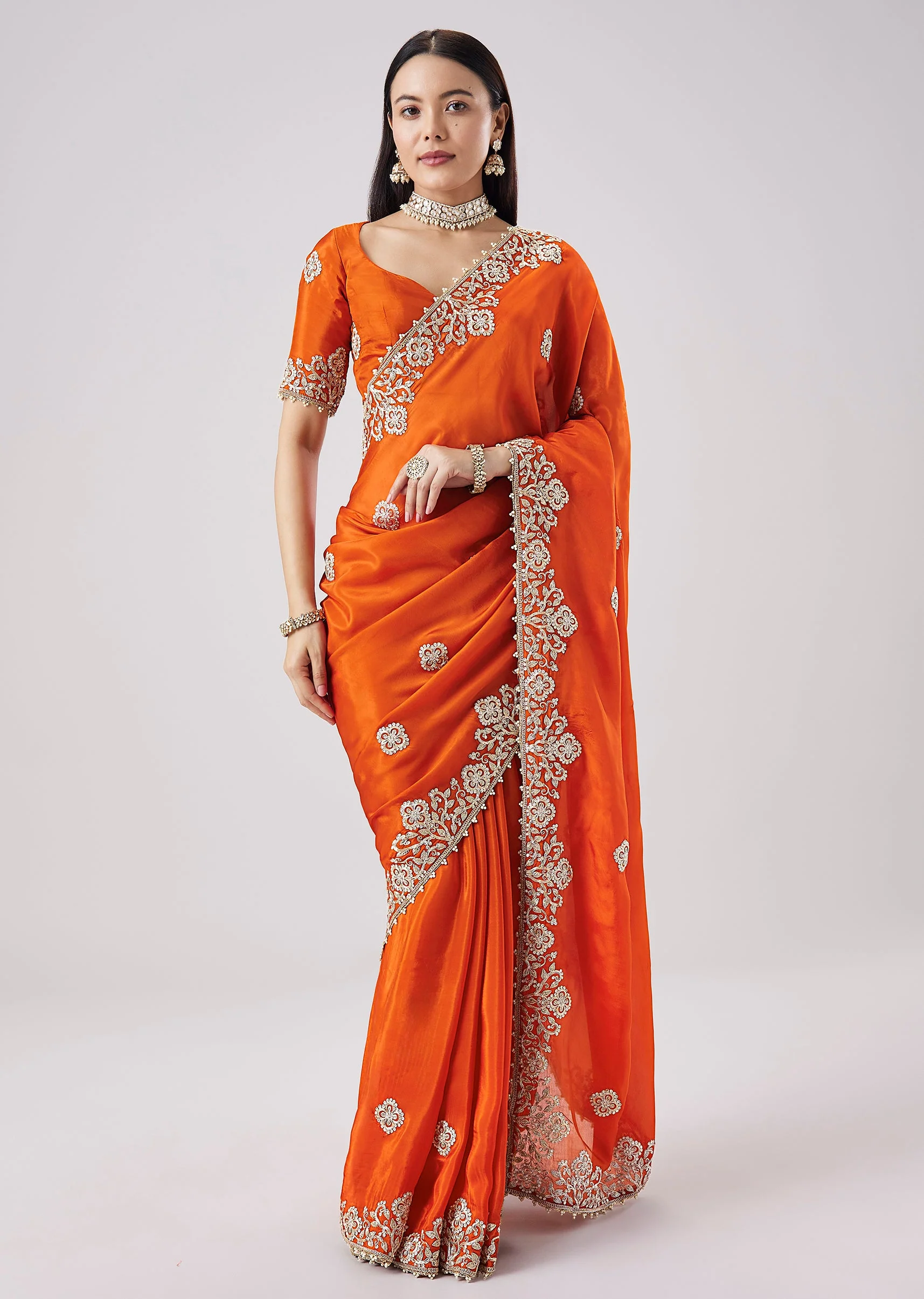 Rust Embroidered Motif Saree With Unstitched Blouse