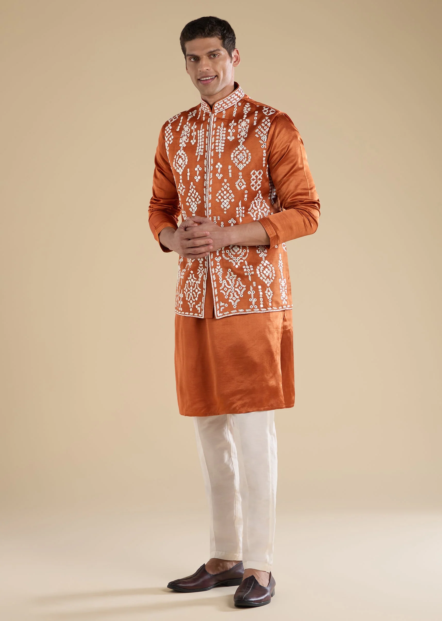 Rust Embroidered Silk Kurta Jacket Set