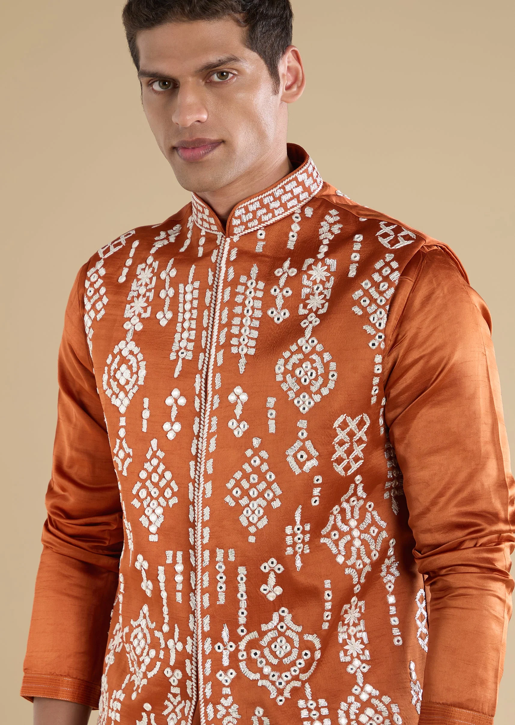 Rust Embroidered Silk Kurta Jacket Set - Image 2