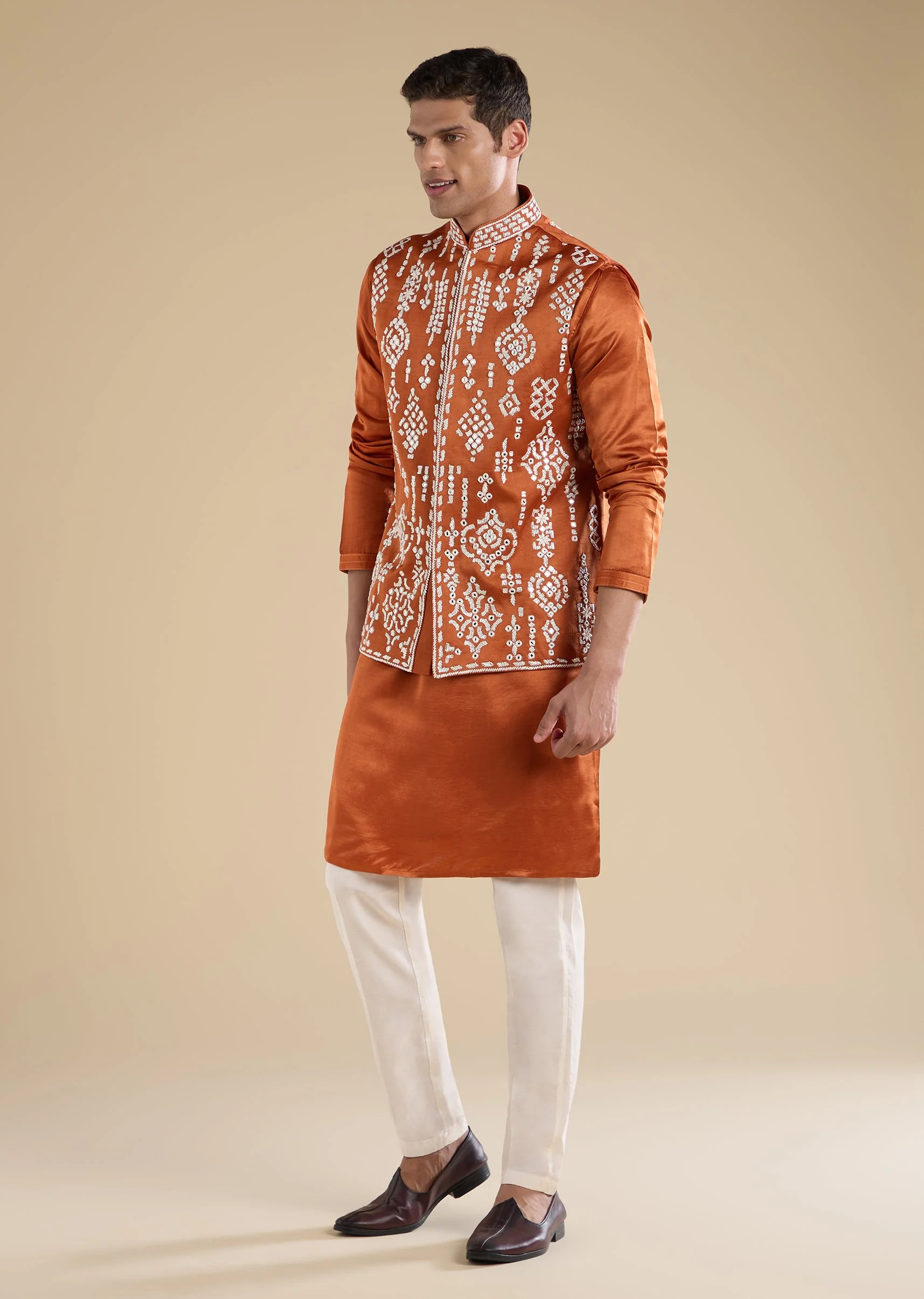 Rust Embroidered Silk Kurta Jacket Set - Image 3