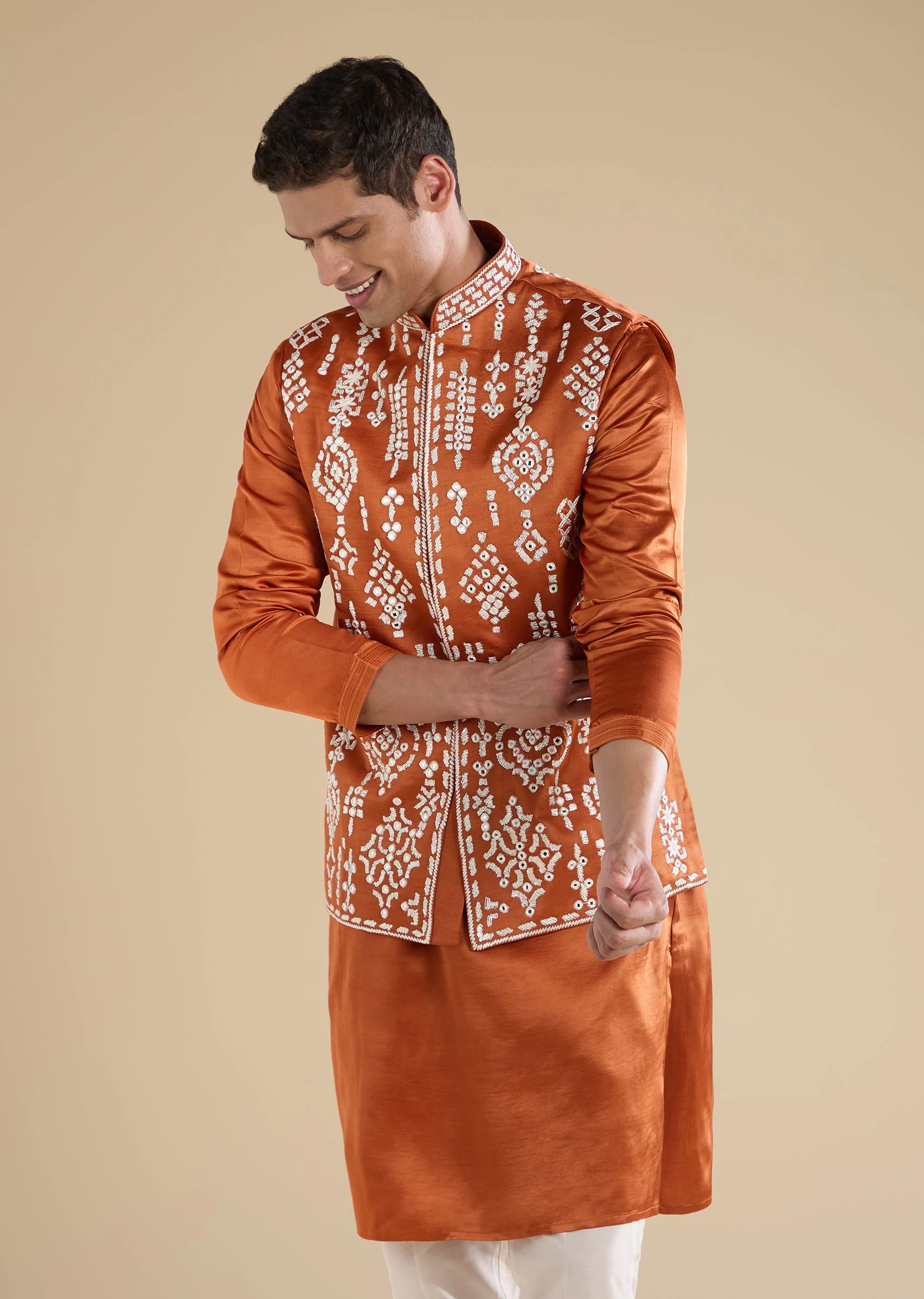 Rust Embroidered Silk Kurta Jacket Set - Image 4