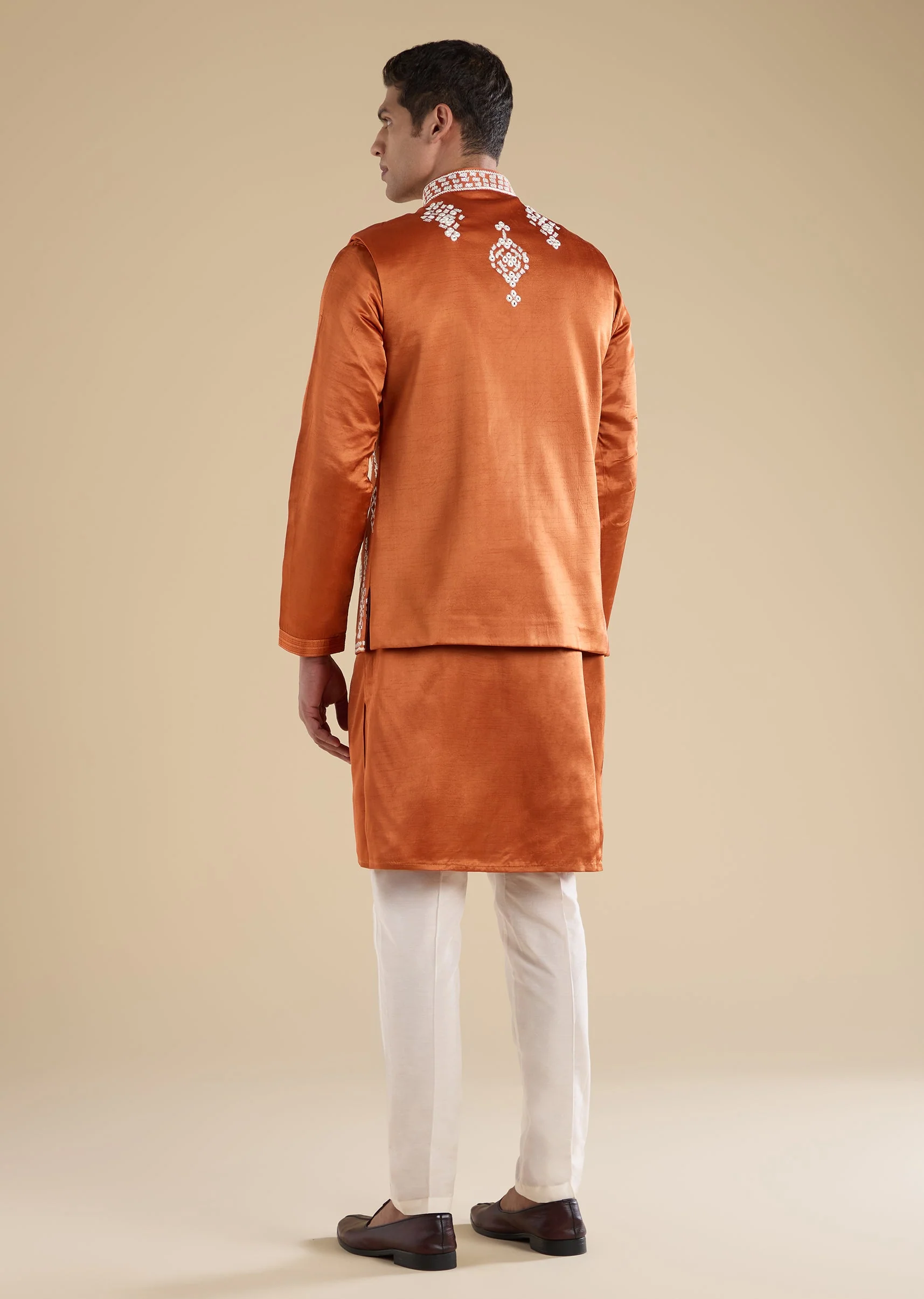 Rust Embroidered Silk Kurta Jacket Set - Image 5