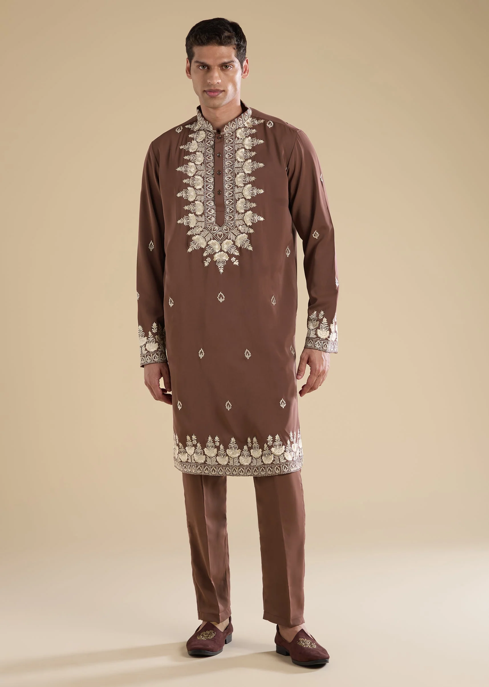 Rust Embroidered Silk Kurta Set - Image 3