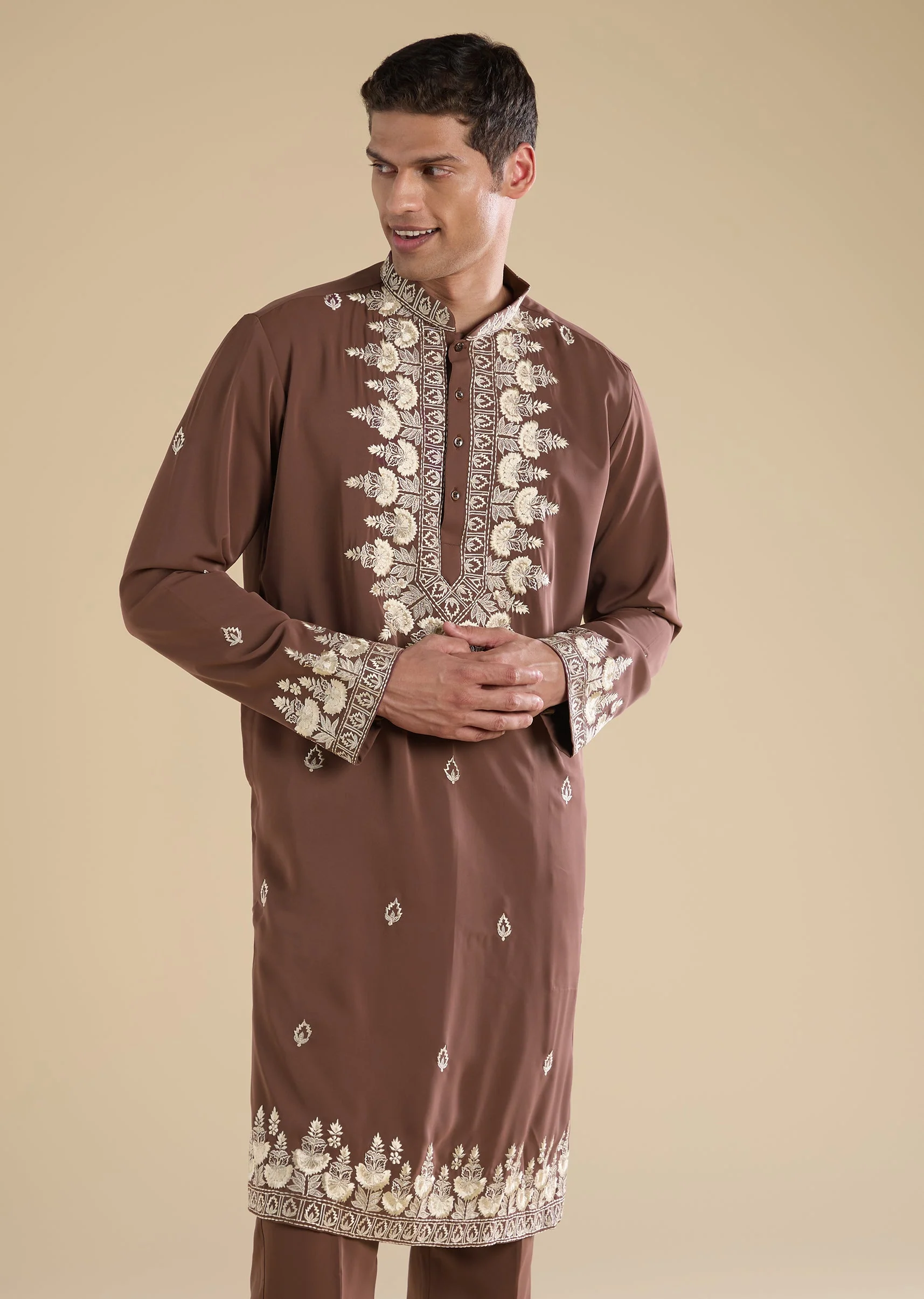Rust Embroidered Silk Kurta Set - Image 4