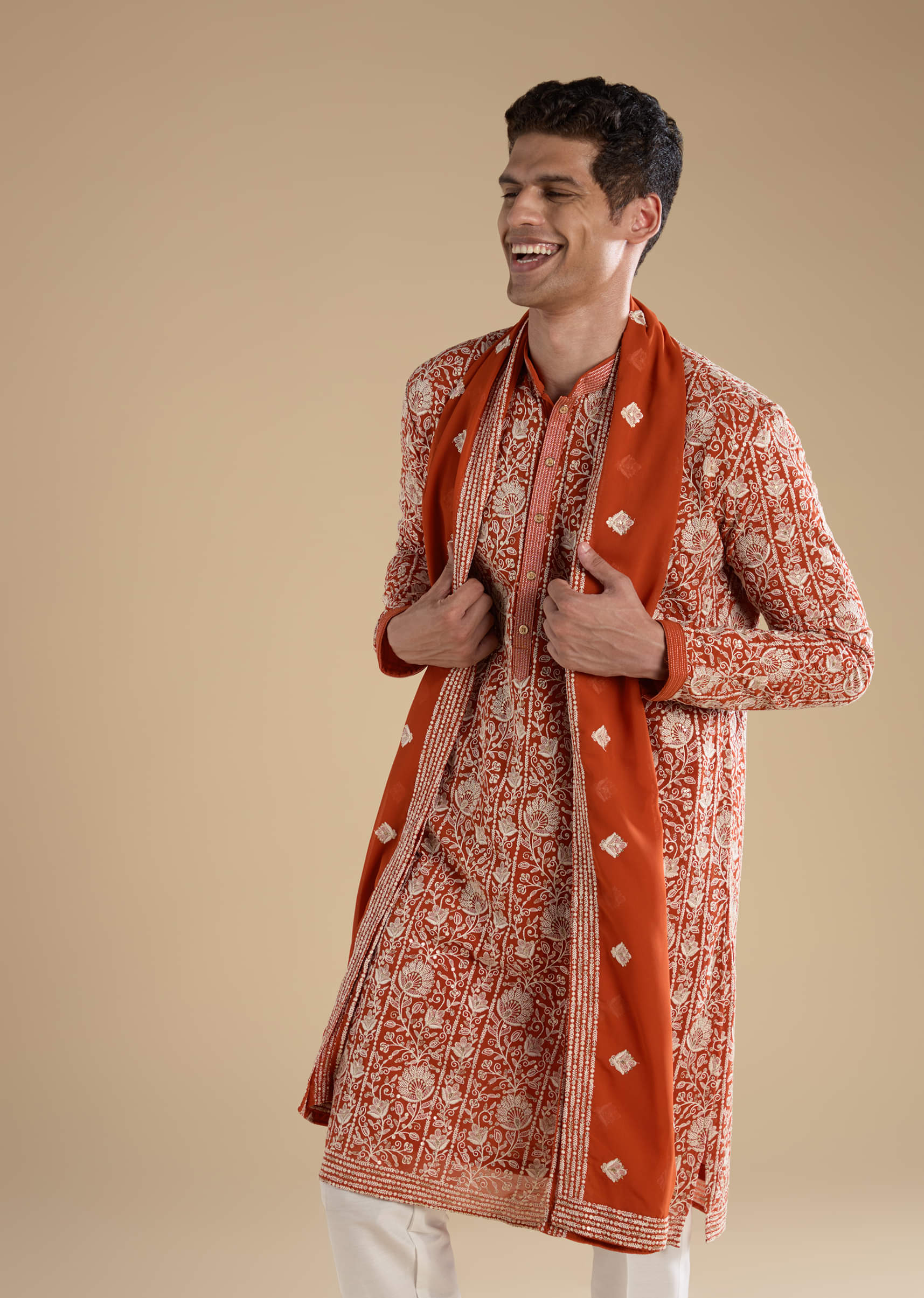 Rust Embroidered Silk Kurta Set with Dupatta - Image 2