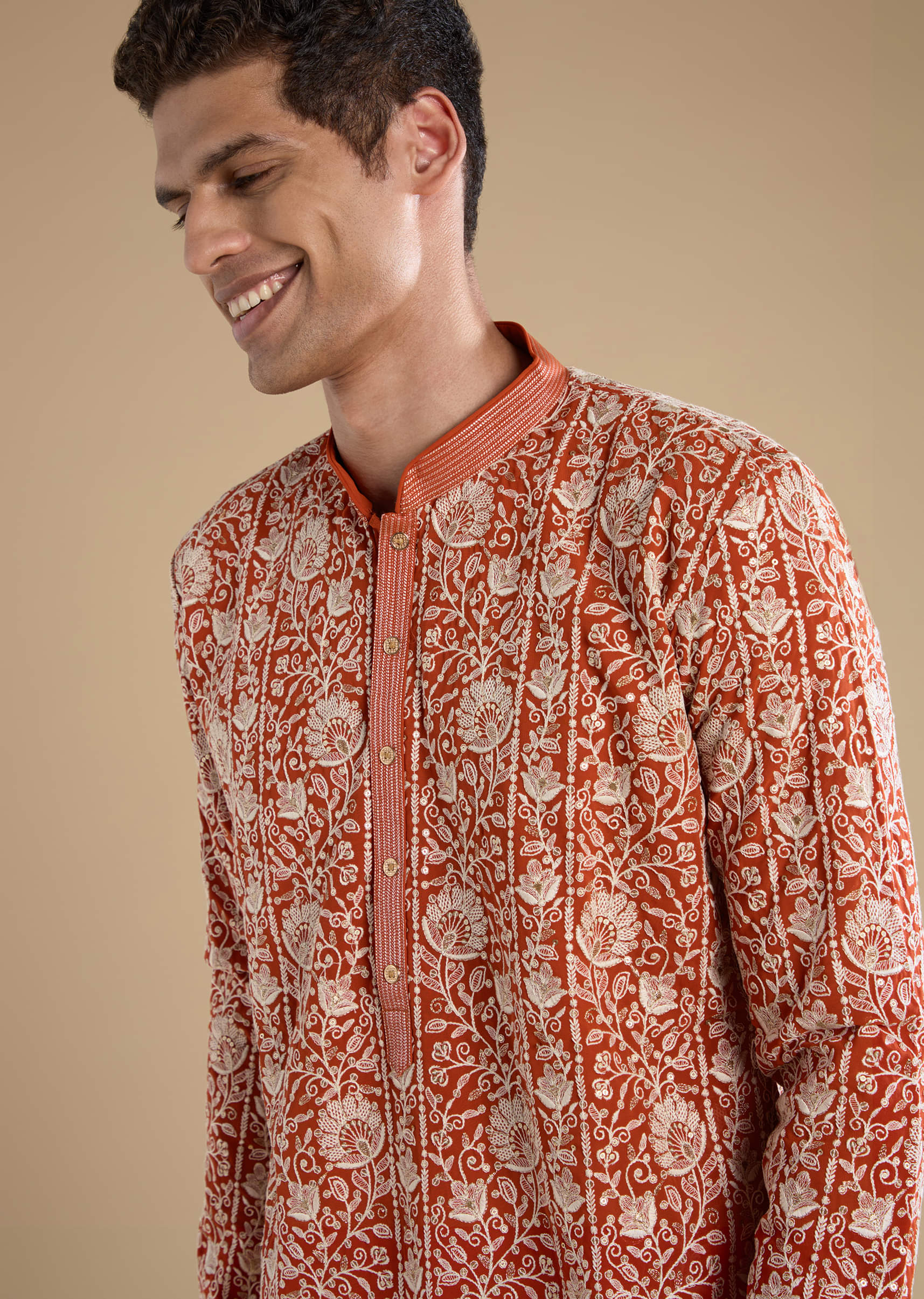 Rust Embroidered Silk Kurta Set with Dupatta - Image 4