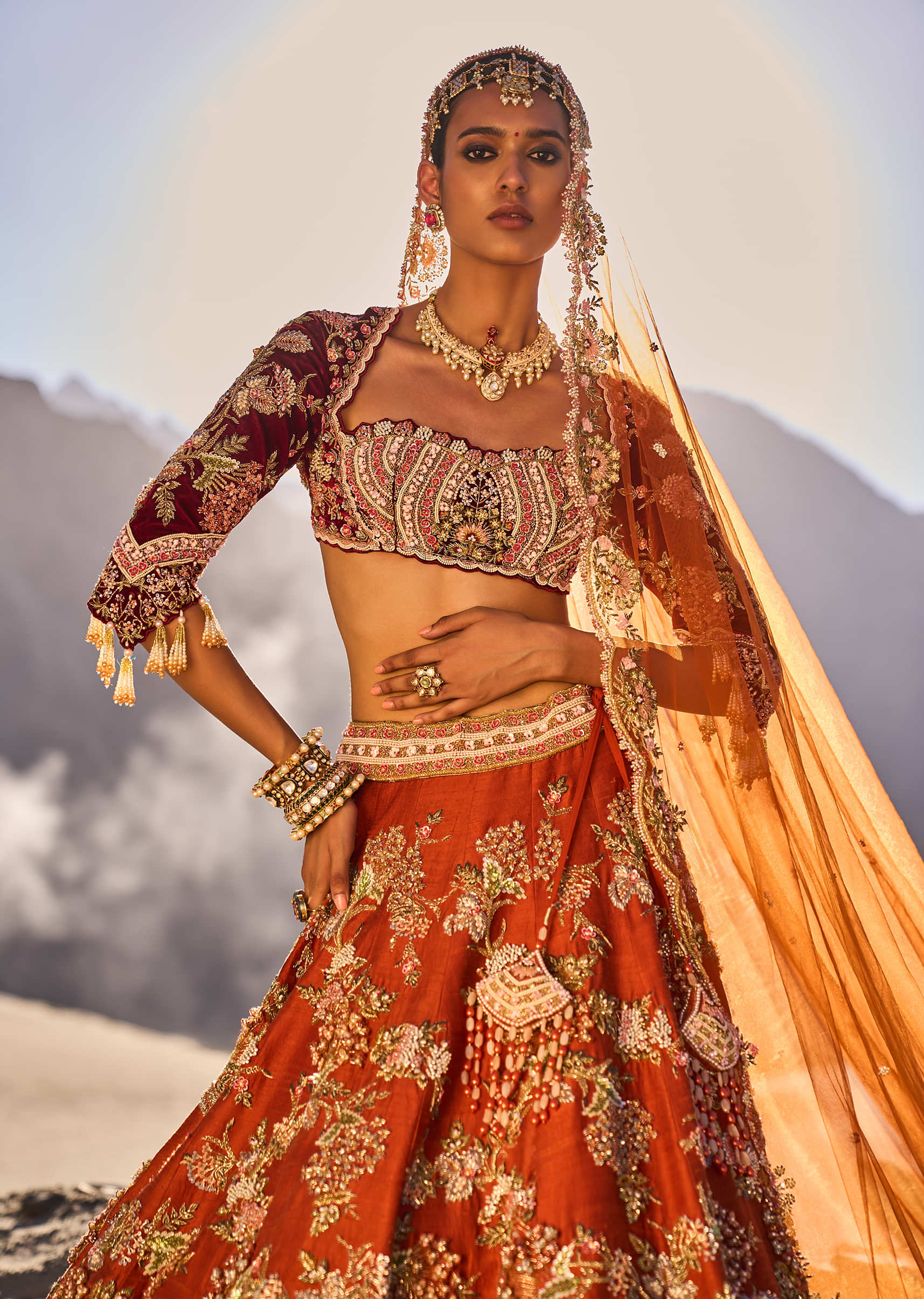 Rust Floral Embroidered Lehenga Set With Two Bordered Dupattas - Image 2