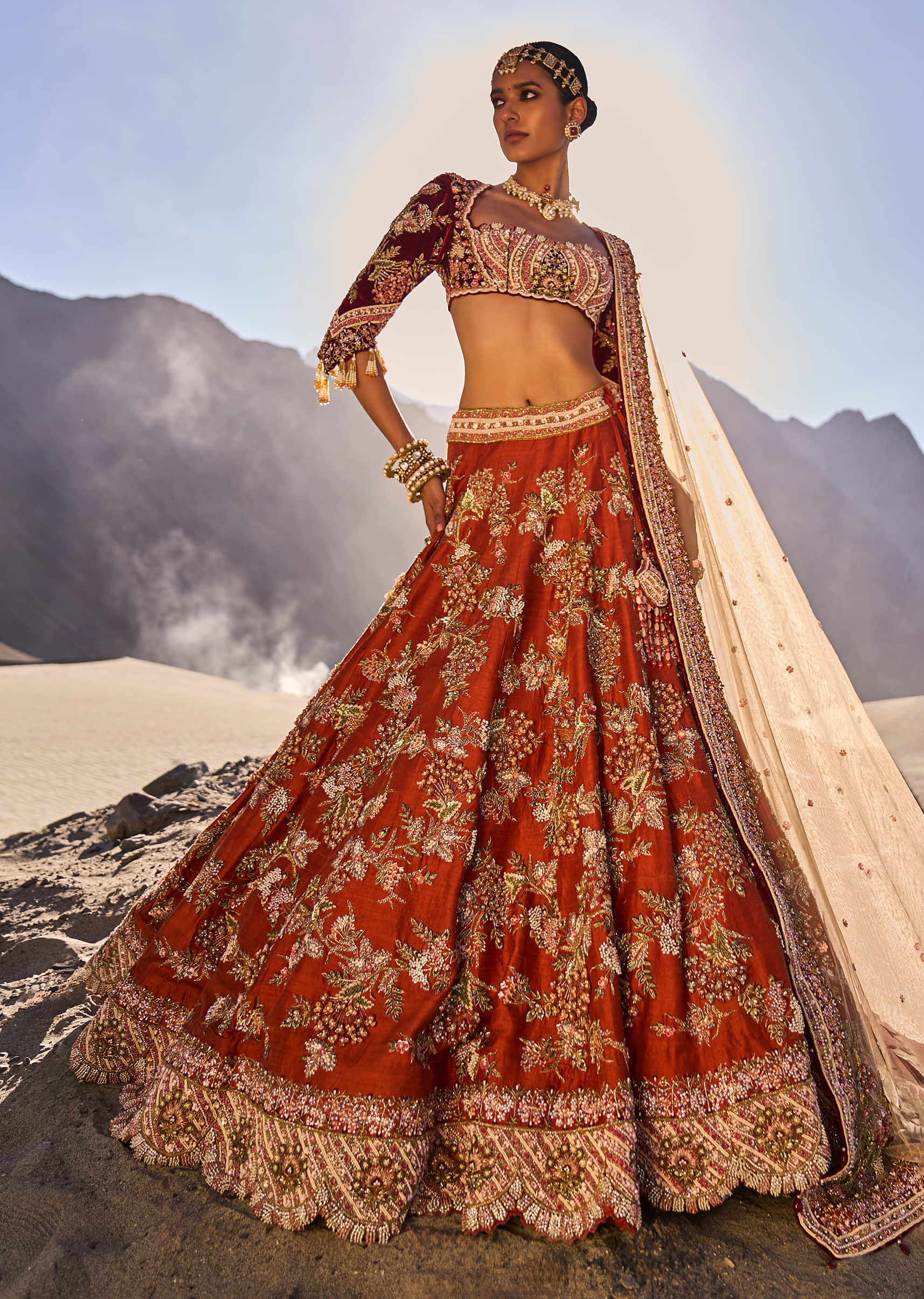 Rust Floral Embroidered Lehenga Set With Two Bordered Dupattas - Image 3