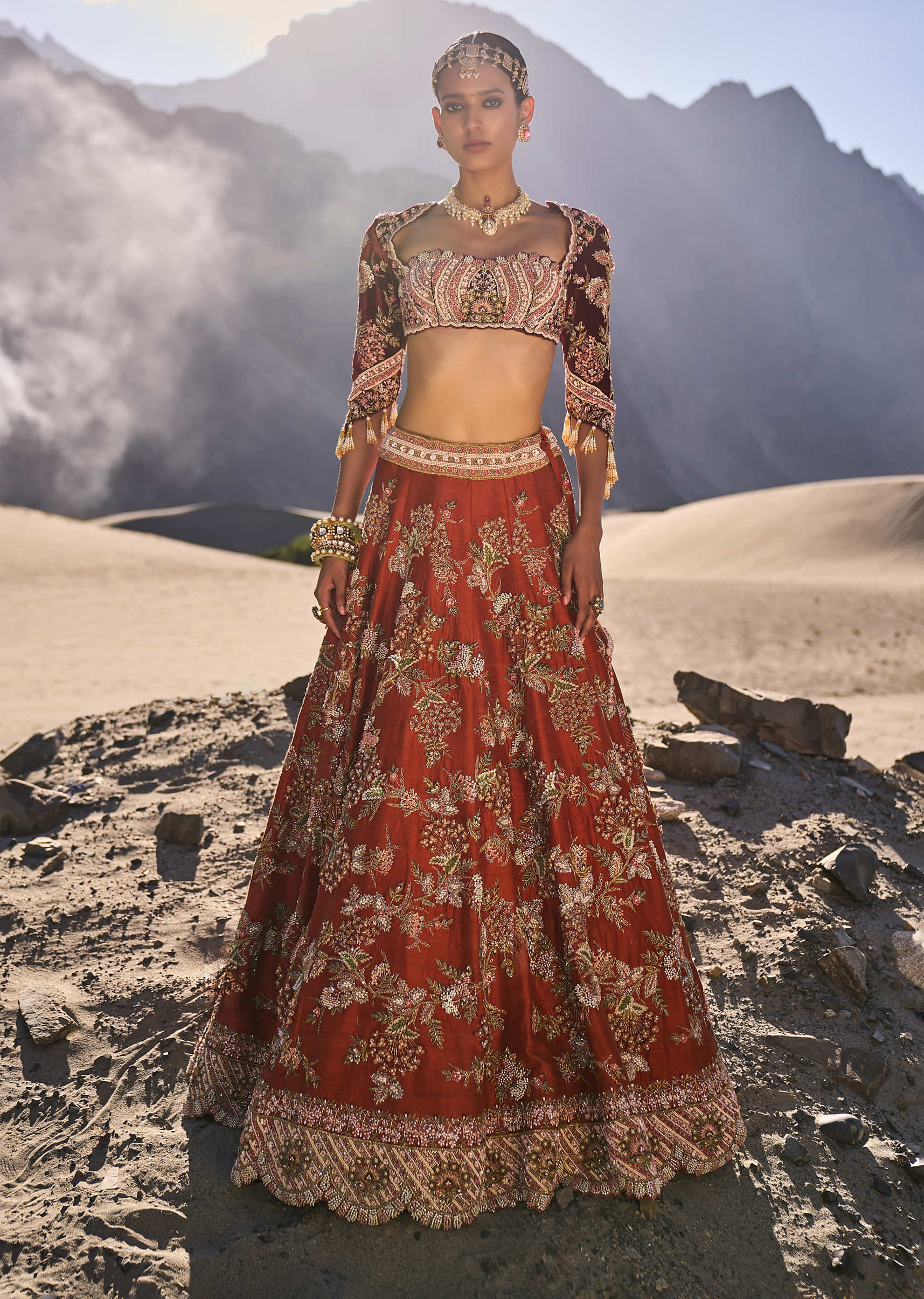 Rust Floral Embroidered Lehenga Set With Two Bordered Dupattas - Image 4